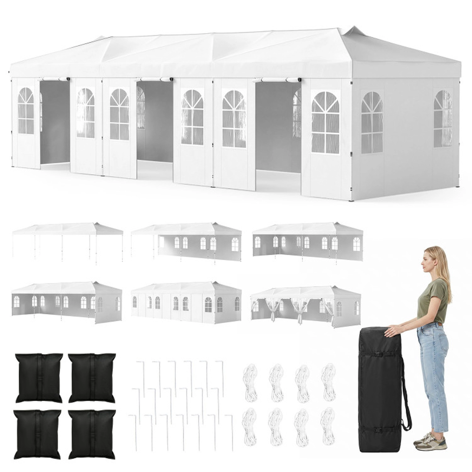 SUGIFT 10 x 30-ft Pop Up Canopy Tent with 8 Sidewalls 3-Height Adjustable Metal Frame with Carry Bag White