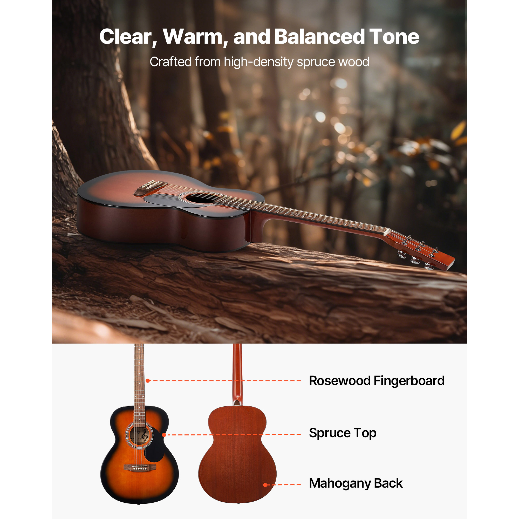 HONGGE Dreadnought Acoustic Guitar, 6-String Solid Top Guitar Bundle with Gig Bag, Tuner, Strap, Strings, Picks, Capo