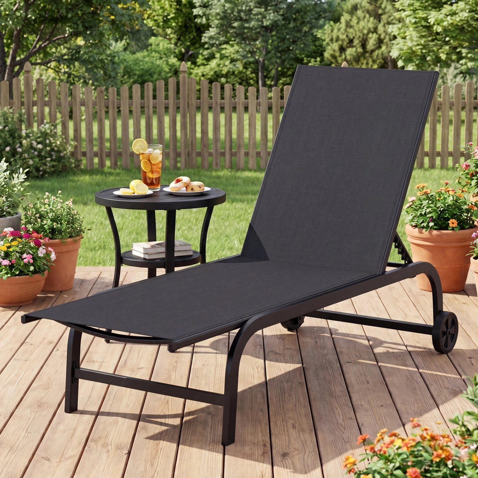 SUGIFT Outdoor Chaise Lounge Chair, Wheeled Metal Patio Recliner, 6-Level Flat-Adjusting Backrest, Black