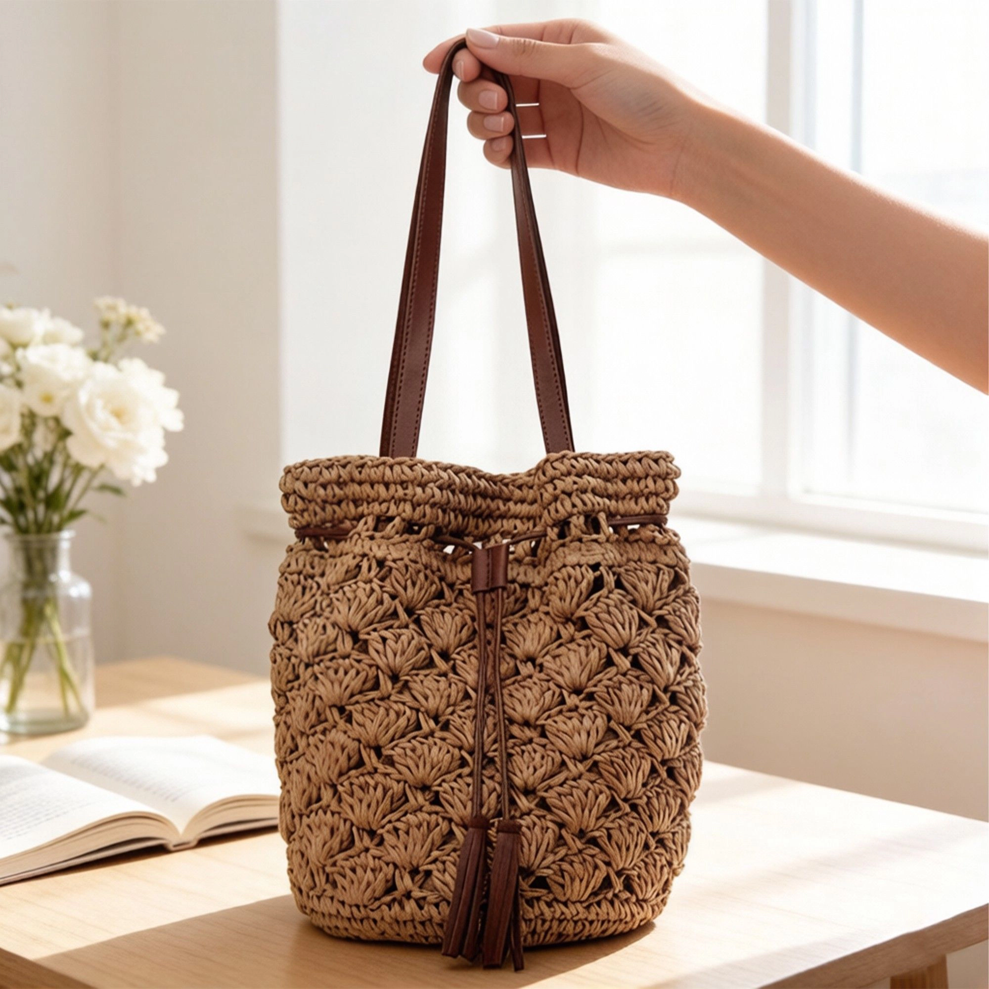 Alilang Women's Woven Bucket Shoulder Bag with Drawstring Closure Faux Leather Strap Tassel Detail Lightweight Handbag