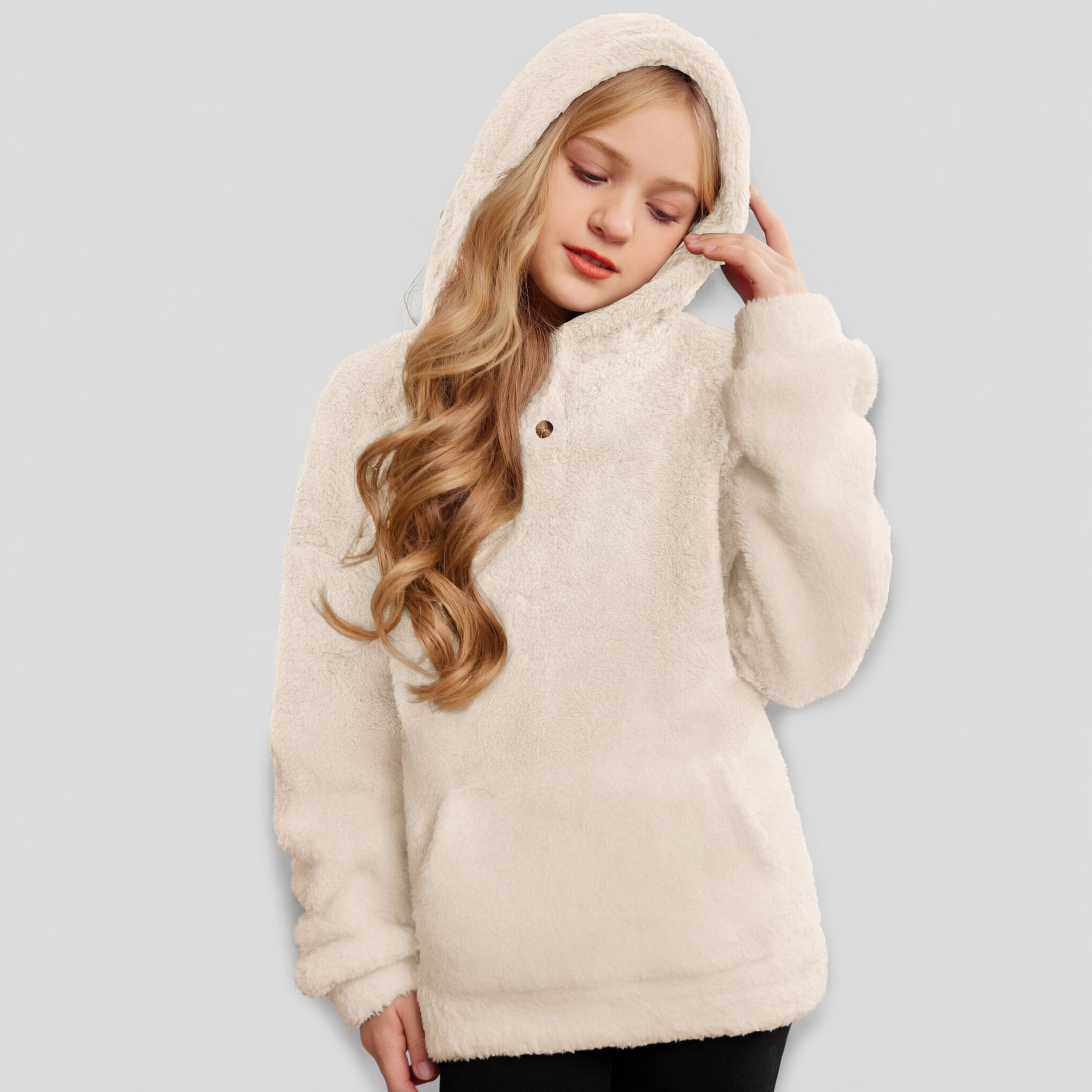 Arshiner Girls Sherpa Fleece Pullover Hoodie Button Up Outerwear with Pockets