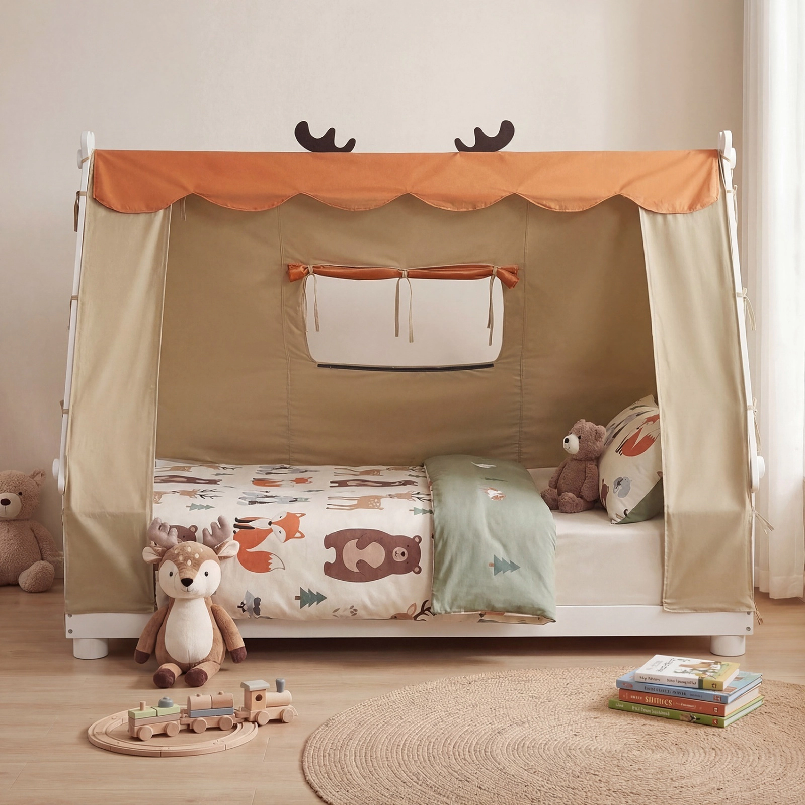 SUGIFT Twin House Floor Bed, Montessori Wood Frame, Velvet Canopy, White