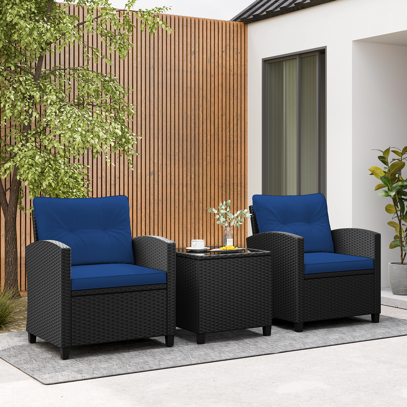SUGIFT Tempered Glass Table and Cushions 3-Piece Patio Rattan Chair Set