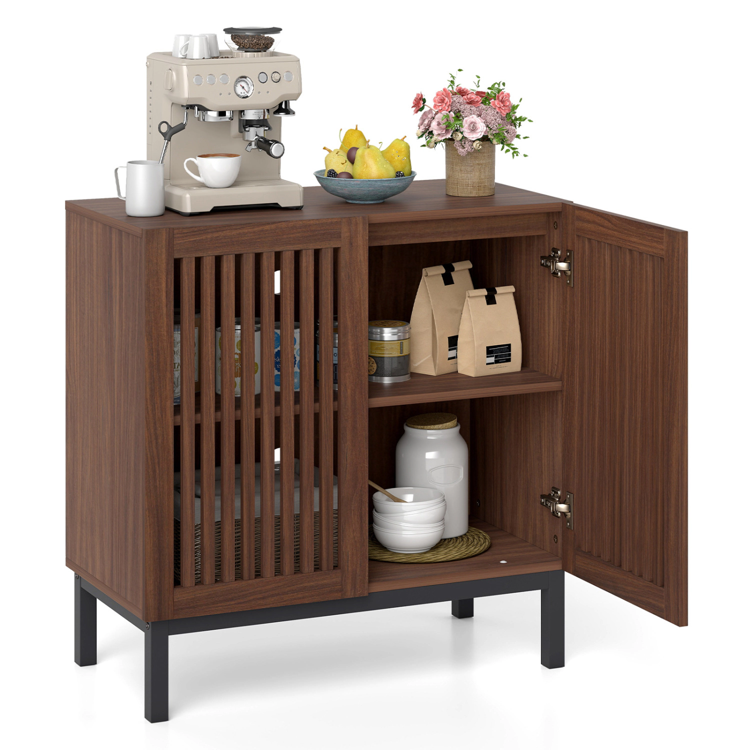 Glintex 32-Inch Coffee Bar Sideboard with Grille-Striped Doors, Walnut + Black
