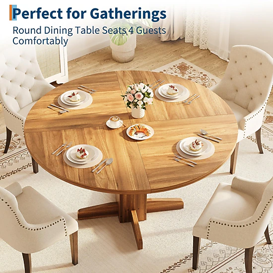BebreezChic 47" Round Dining Table for 4-6 People, Wood Kitchen Table with Pedestal Base, Farmhouse Style