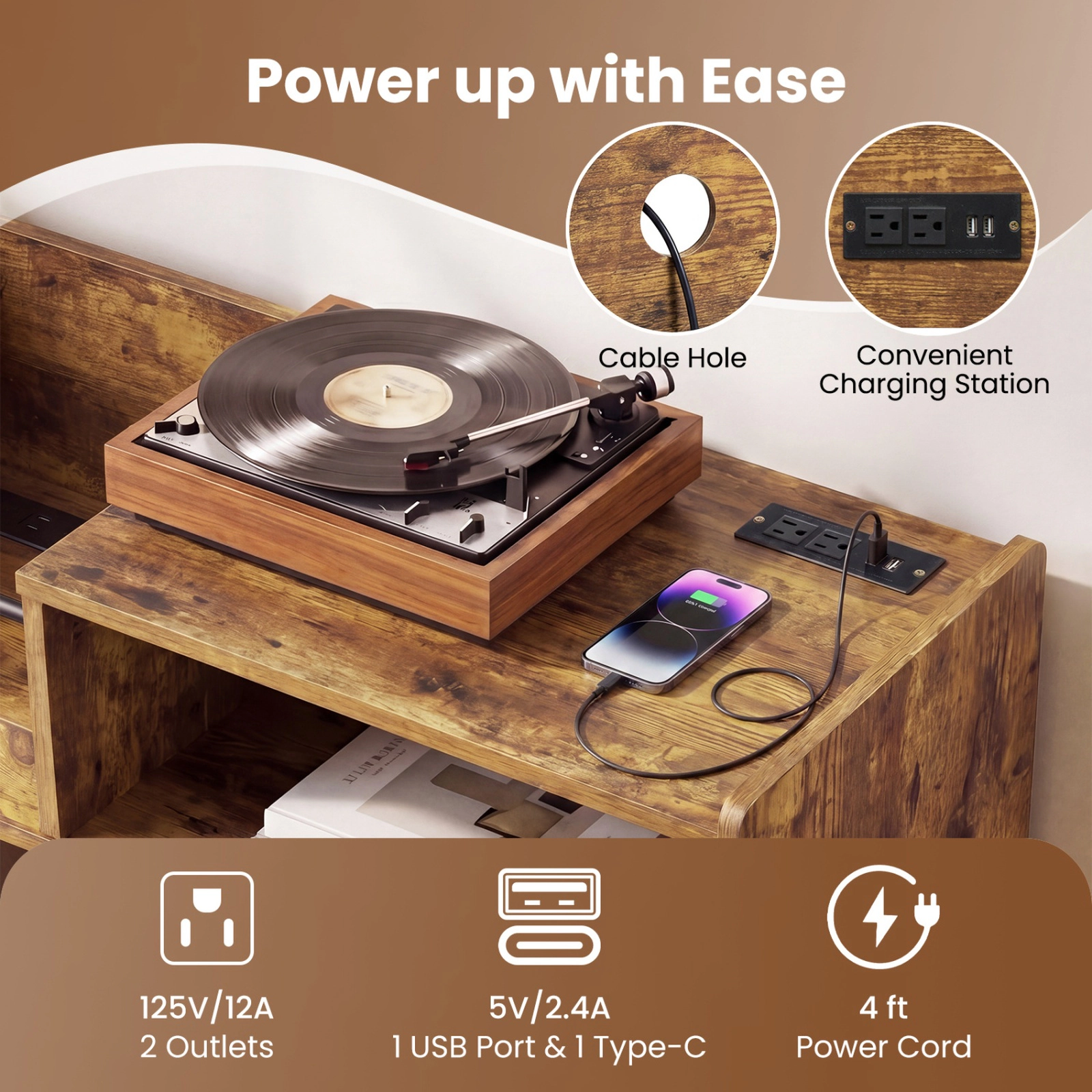 SUGIFT 34-Inch Record Player Stand with LED Lights, Sliding Glass Door, and Vinyl Storage Cabinet