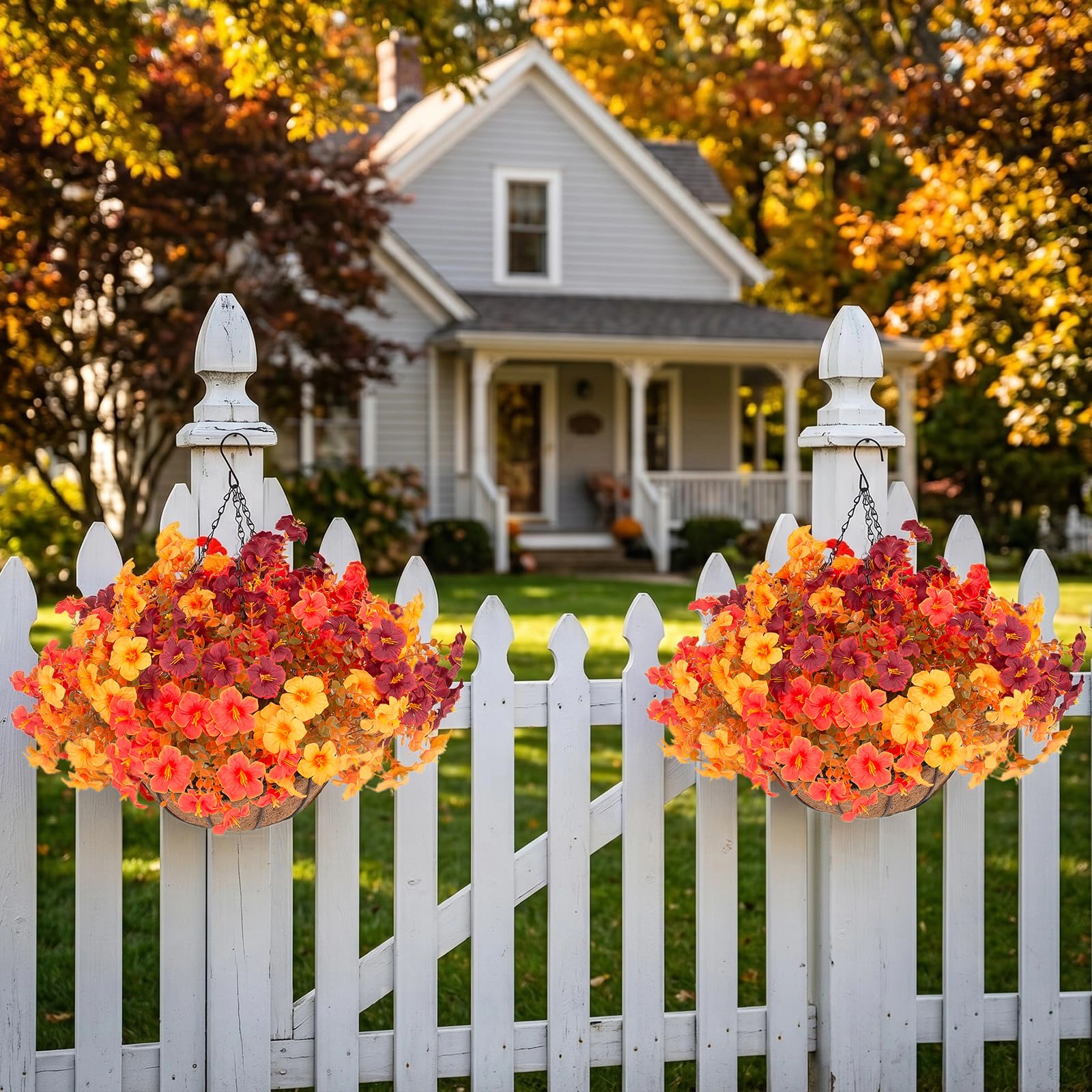 PUPWE 2 Set Artificial Outdoor Fall Flowers With Hanging Baskets  24 Faux Petunias Planter For Outside Porch Yard Garden