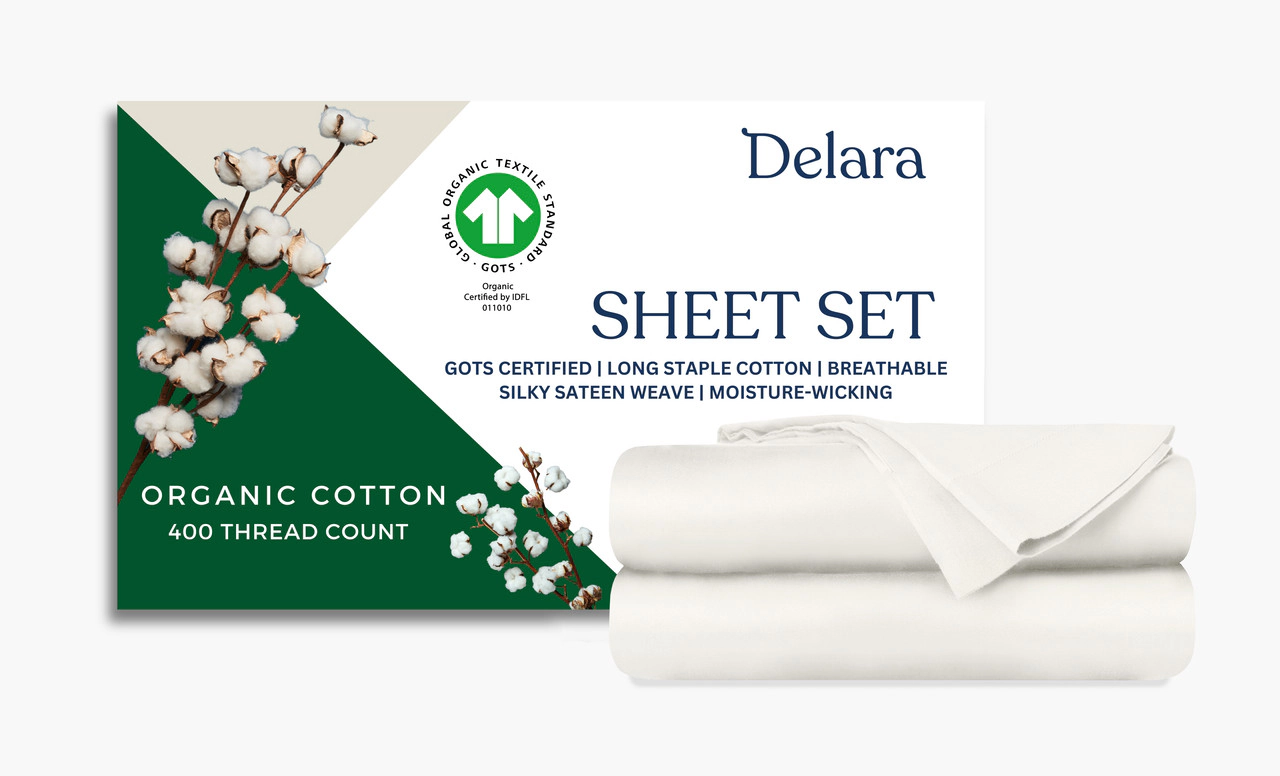 Delara GOTS Certified Organic Cotton Sheet Sets 400TC Ultra Soft Silky Moisture-Wicking and Breathable