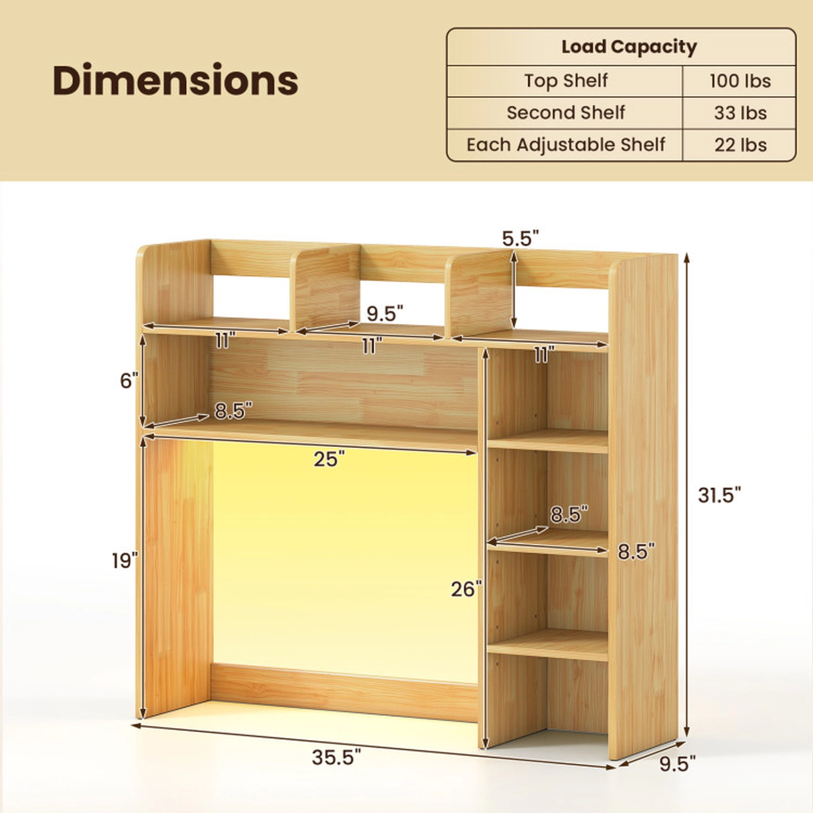SUGIFT RGB LED Desktop Bookshelf Desk Hutch Storage Organizer with Adjustable Shelves 100-lb Top Shelf Capacity Beige