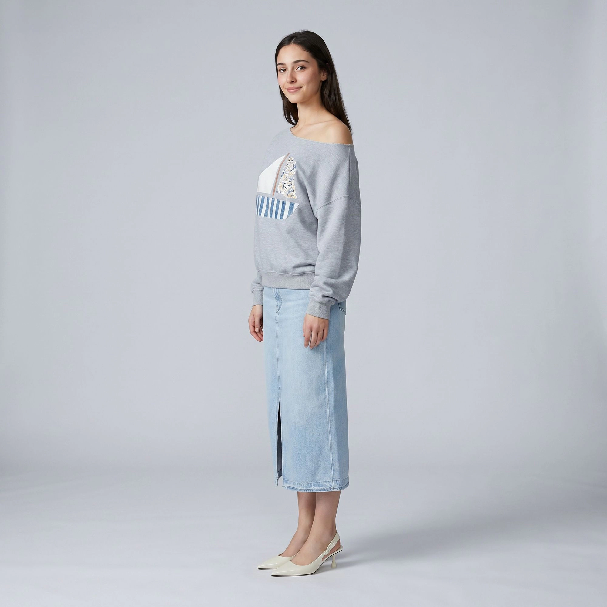 Anna-Kaci Women's Sailboat Applique Wide Neck Long Sleeve Relaxed Sweatshirt Top