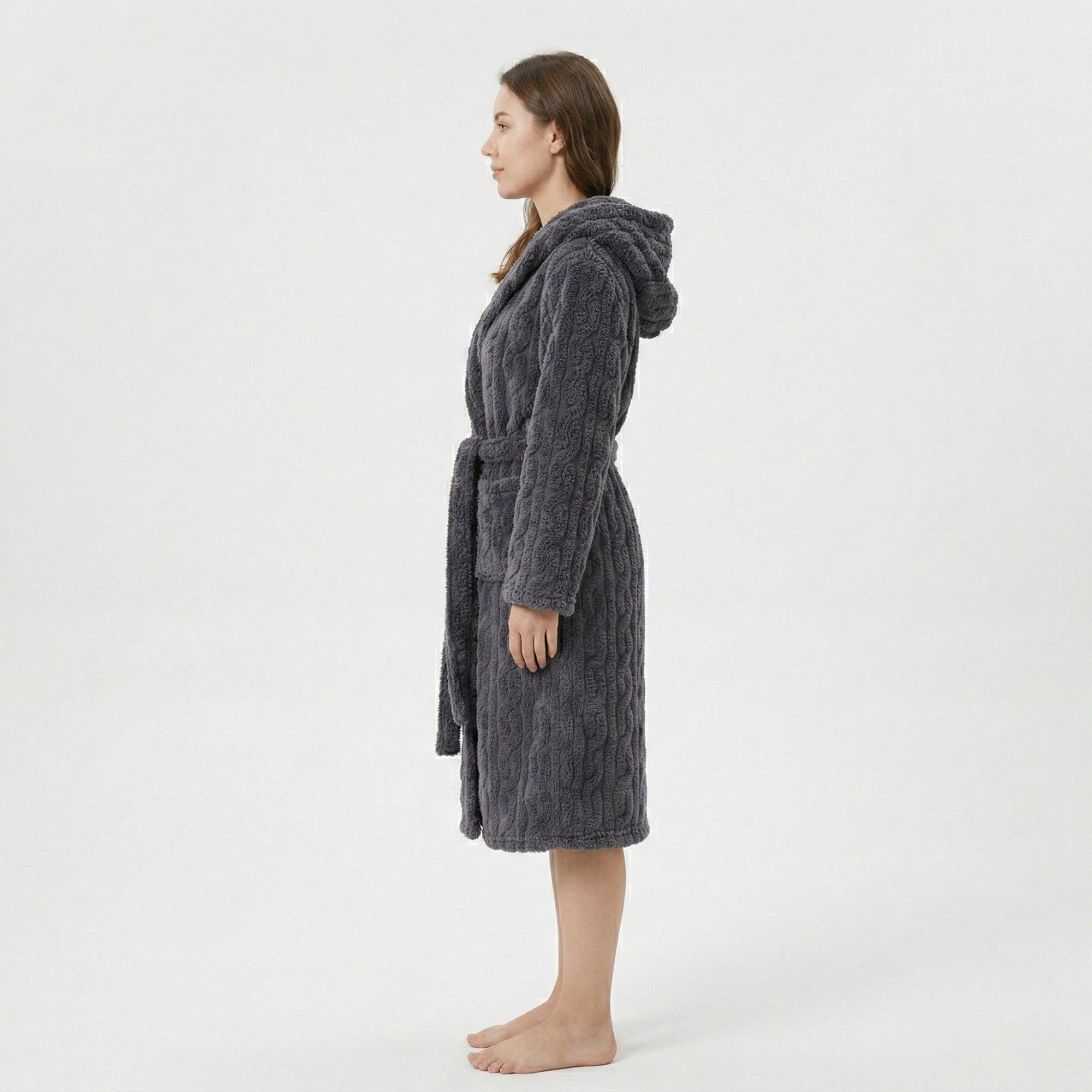 Anna-Kaci Women's Plush Hooded Bathrobe Textured Cable Pattern Long Wrap Design Adjustable Waist Tie and Front Pockets