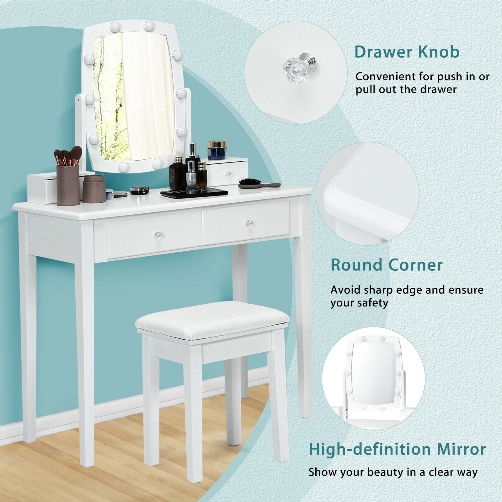 SUGIFT Makeup Vanity Set with 10 Dimmable Bulbs, Rotating Mirror, 4 Drawers and Stool