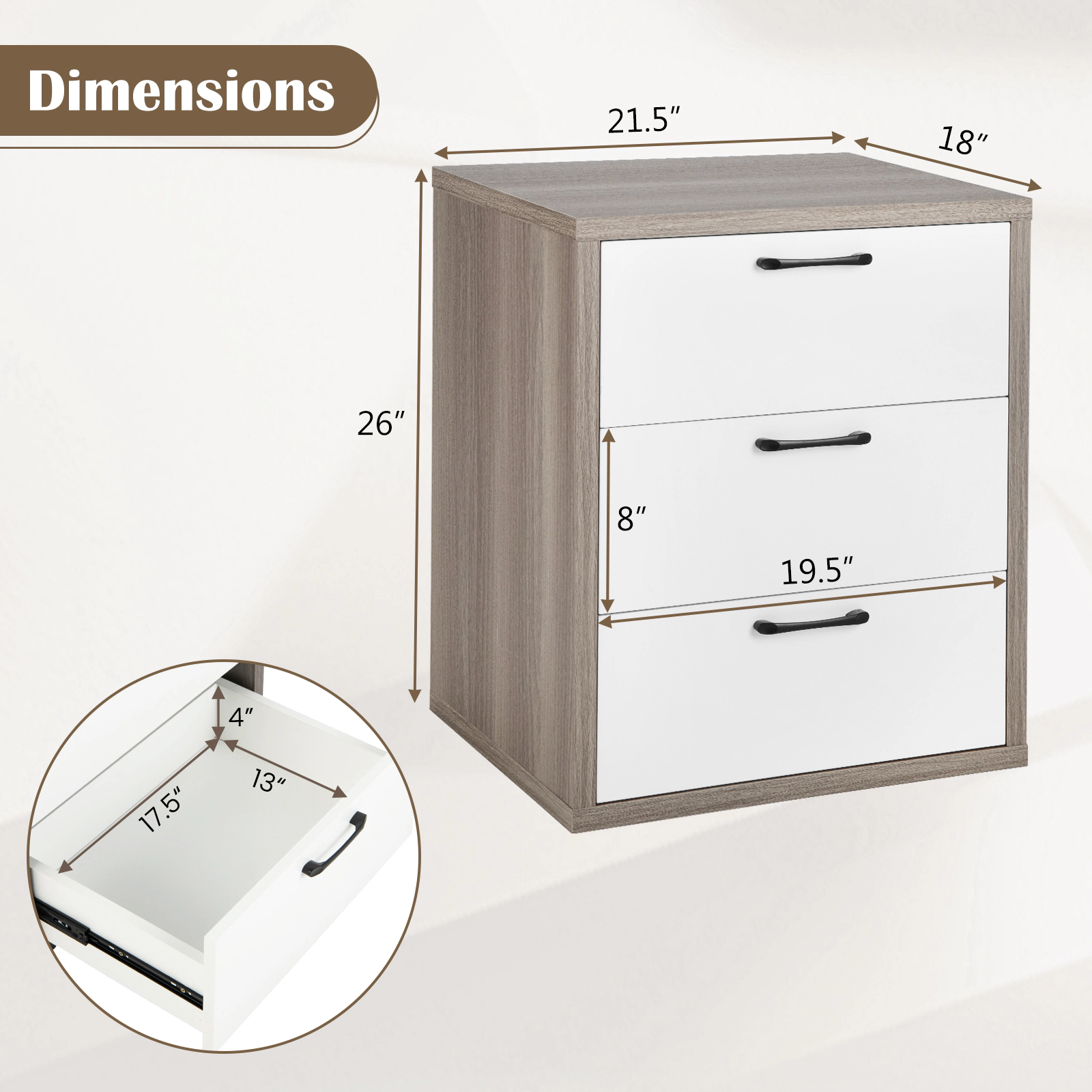 Glintex 3-Drawer Dresser Nightstand with 110-Lb Tabletop and Metal Slide Rails, Gray