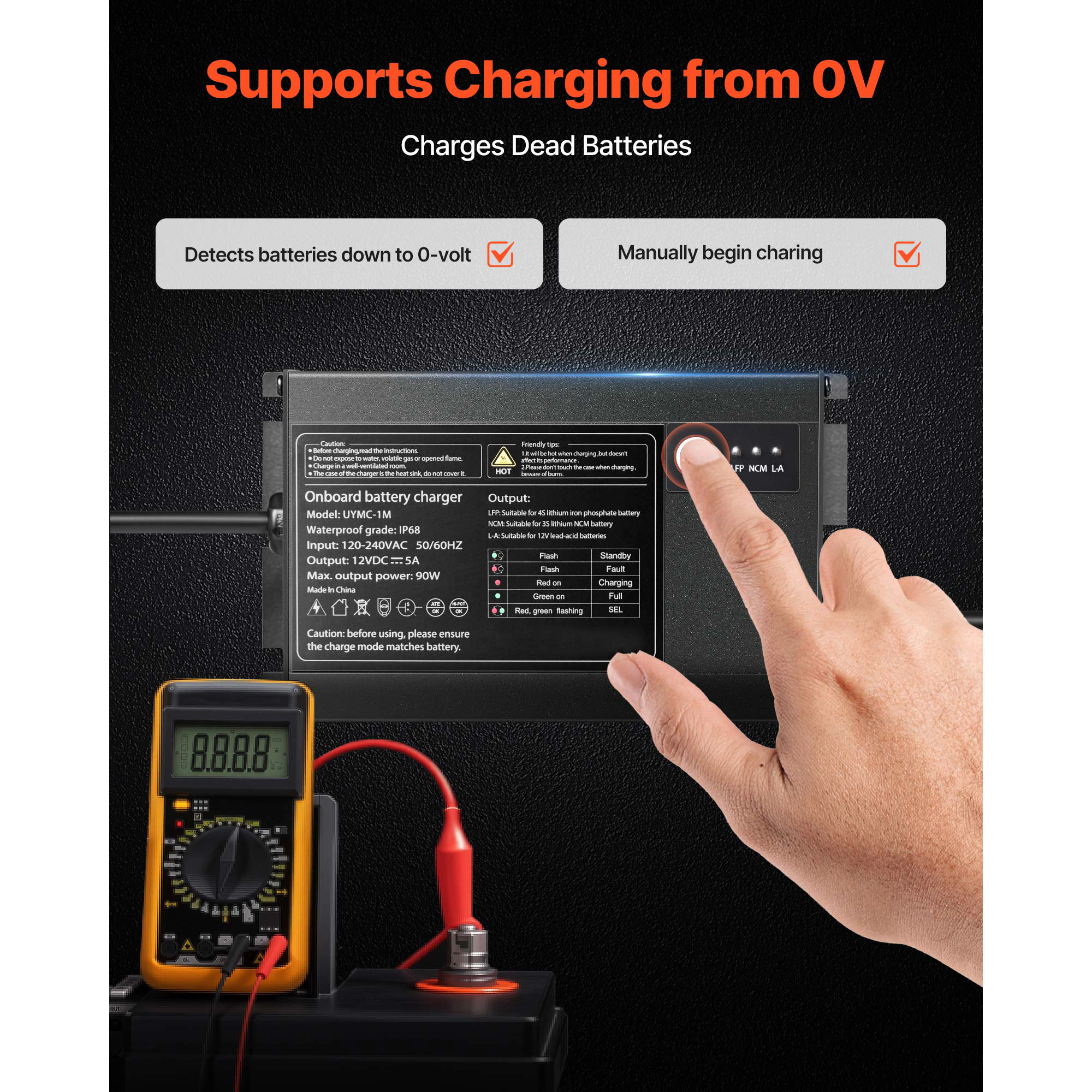 HONGGE Marine Battery Charger, 12V Onboard Boat Charger, IP68 Waterproof Smart On-Board Battery Charger