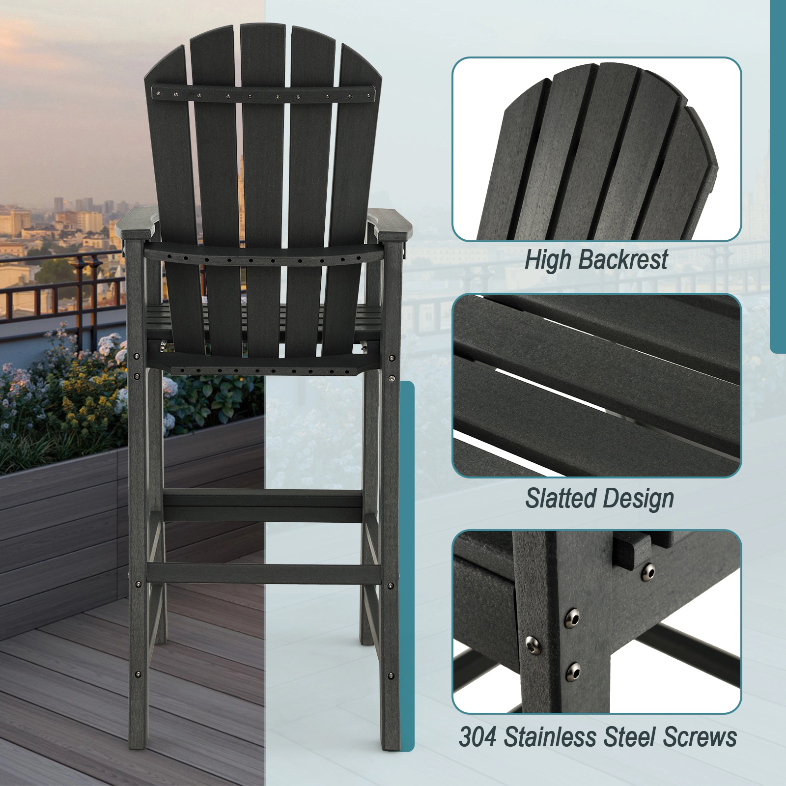 SUGIFT Black Armrests and Footrest 30 Inch Counter Height Outdoor HDPE Bar Stool