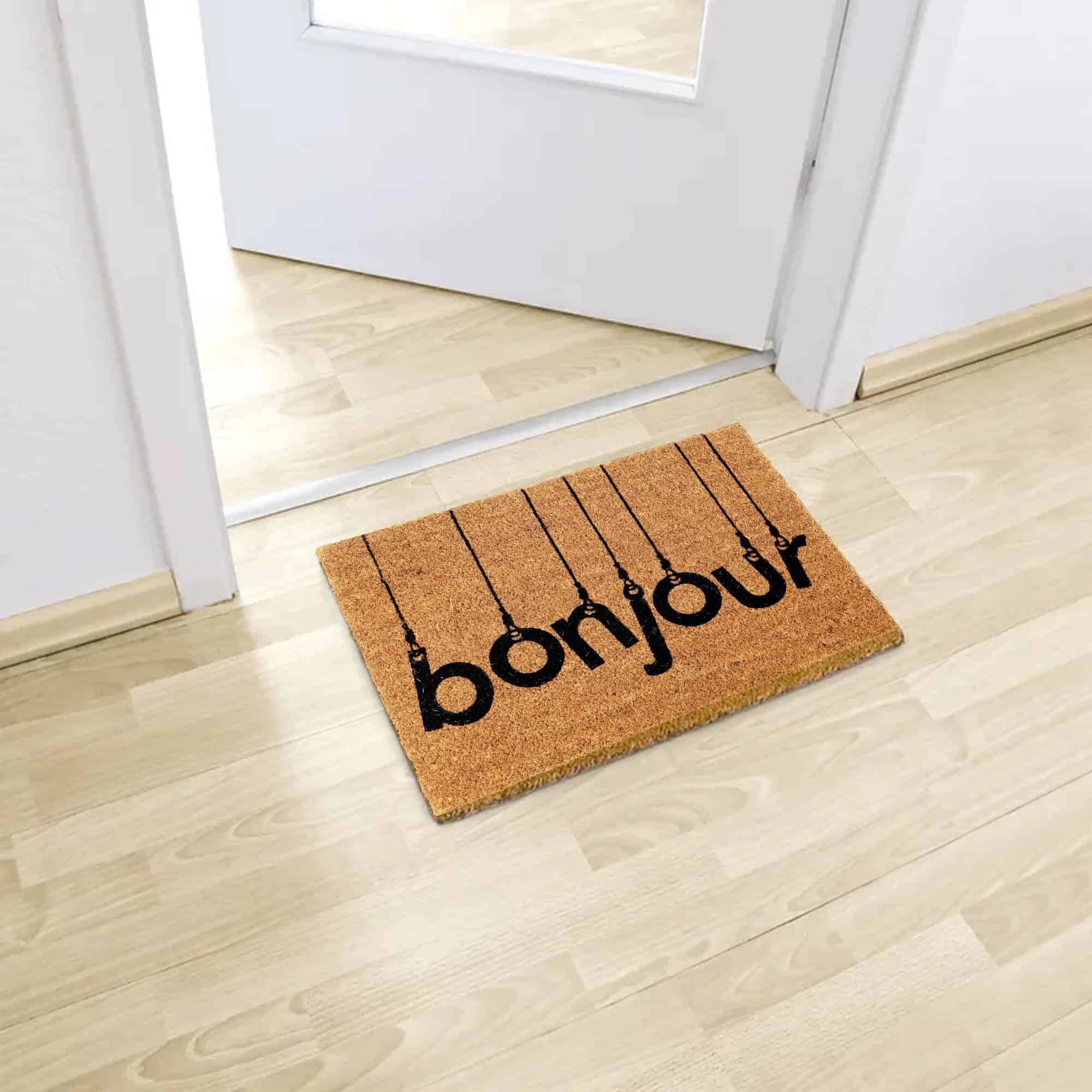 Evideco French Home Goods Natural and Black Bonjour Coir Doormat 24 x 16 Inches