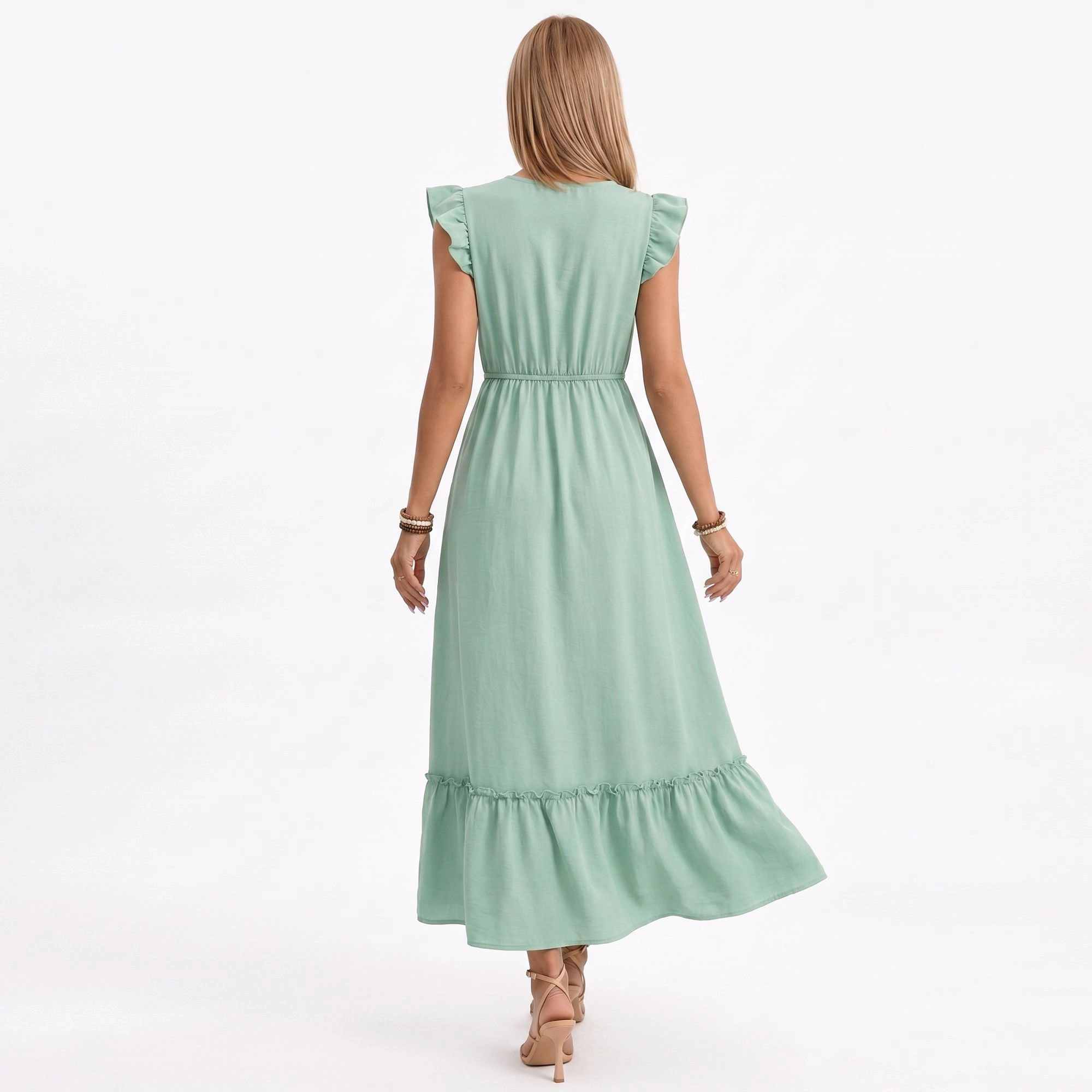 Anna-Kaci Women's Ruffle Sleeve Tie Neck Embroidered Trim Maxi Dress