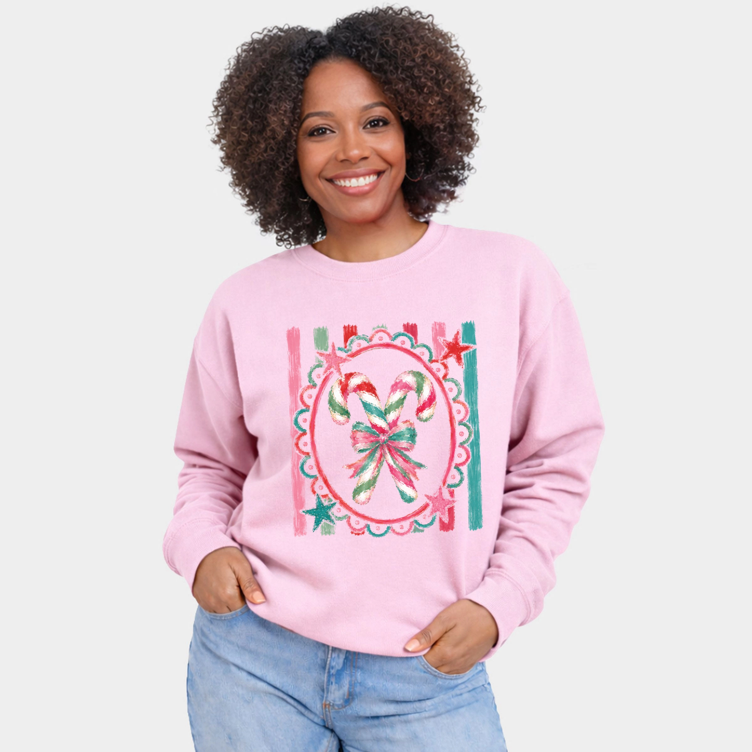 Simply Sage Market - Women's Graphic Sweatshirt Candy Cane Coquette Watercolor