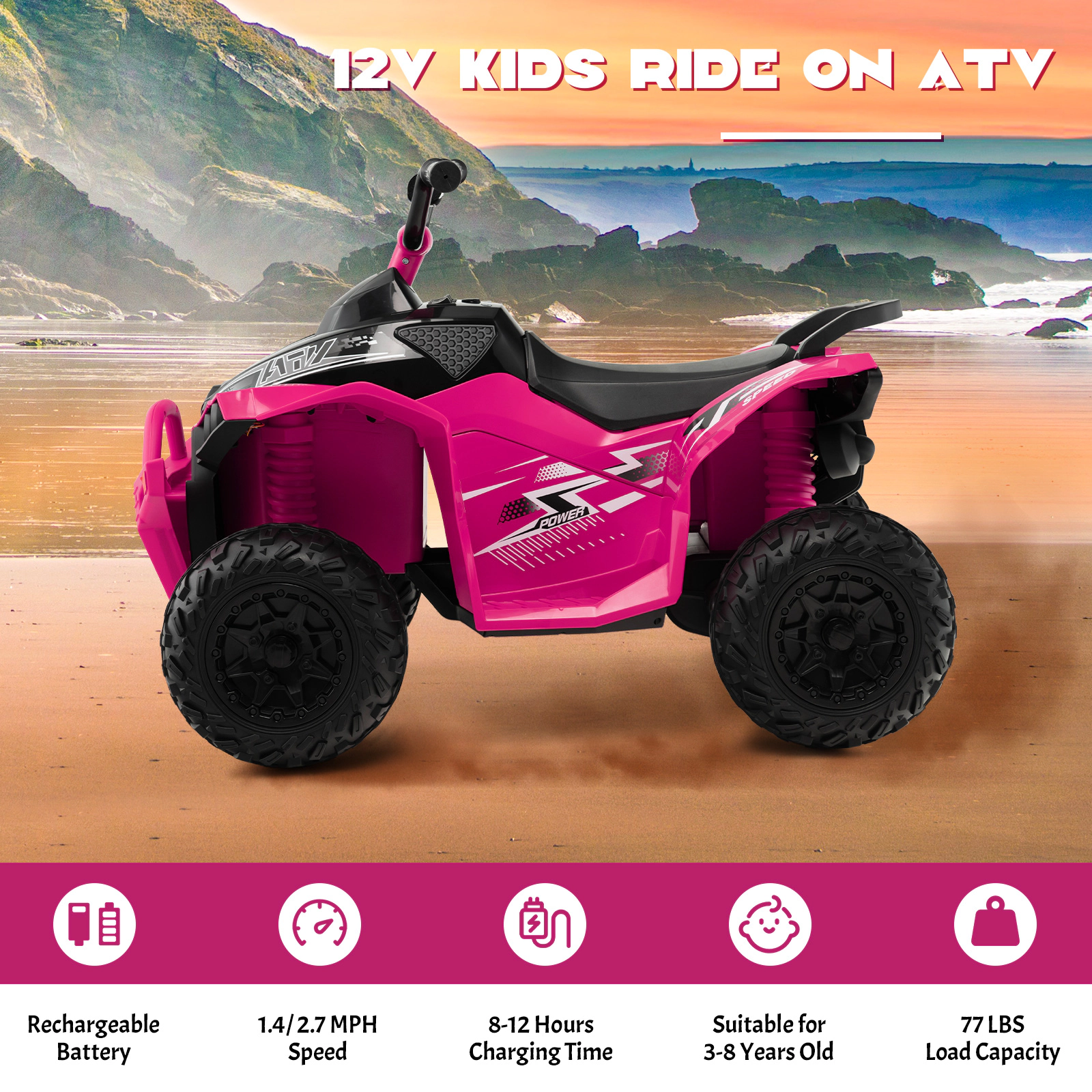 SUGIFT 12V Kids Ride On ATV Pink 4-Wheeler with High Low Speed and Padded Seat