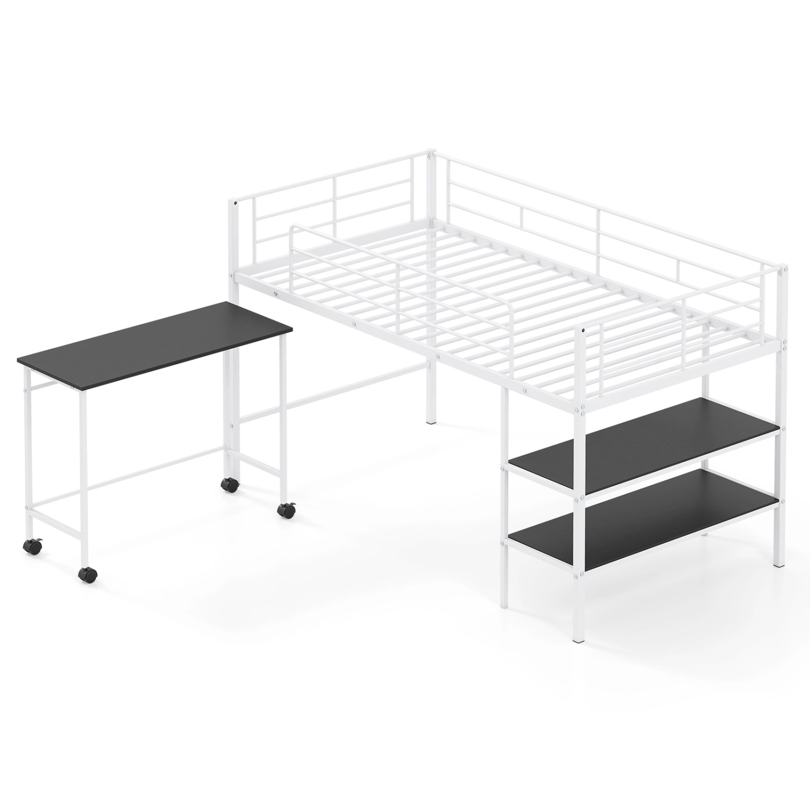 SUGIFT Twin Loft Bed with Rolling Desk and Bookshelf Platform Frame 250-lb Capacity Twin Mattress Black/White