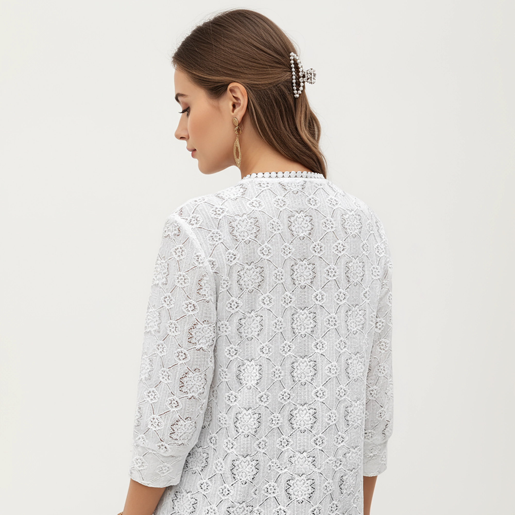 Anna-Kaci Women's 3/4 Sleeve Open Front Lace Cardigan with Floral Crochet Detailing