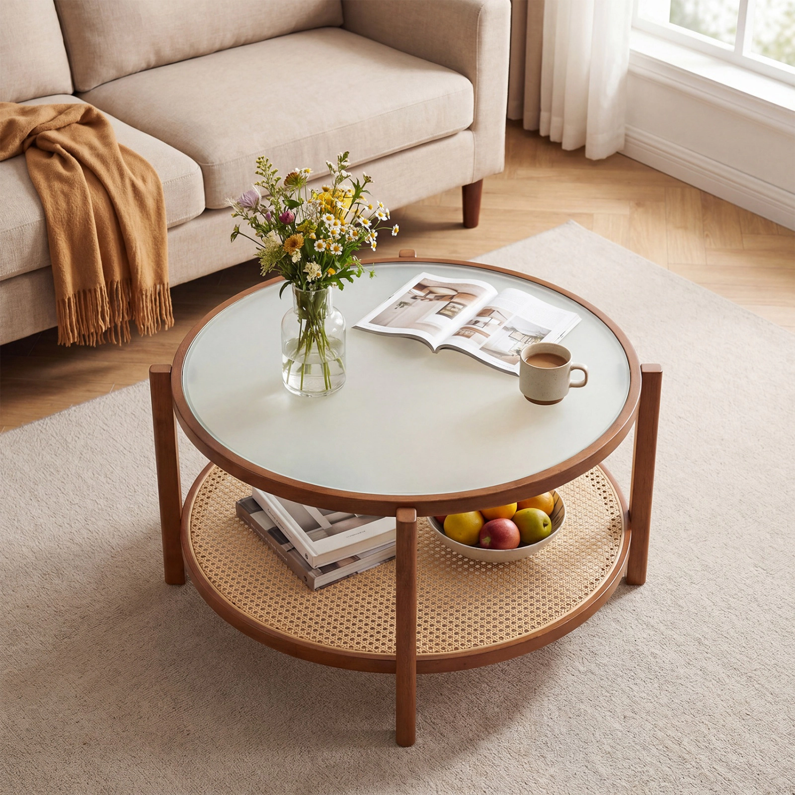 SUGIFT 2-Tier Round Frosted Glass Top PE Rattan Shelf Coffee Table 35-in x 35-in x 18-in 110-lb Capacity Walnut