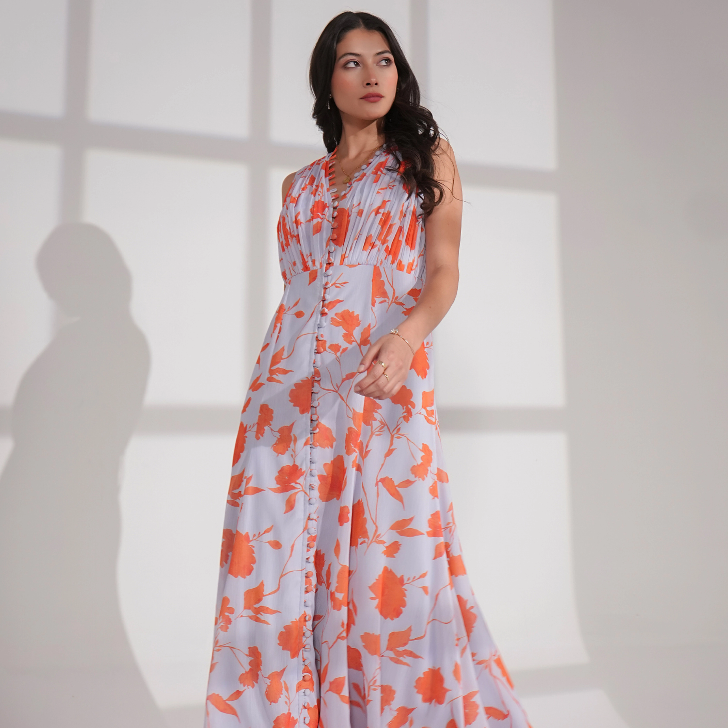 Rose & Nancy Women's Florrie Blue and Orange Floral Print Midi Dress