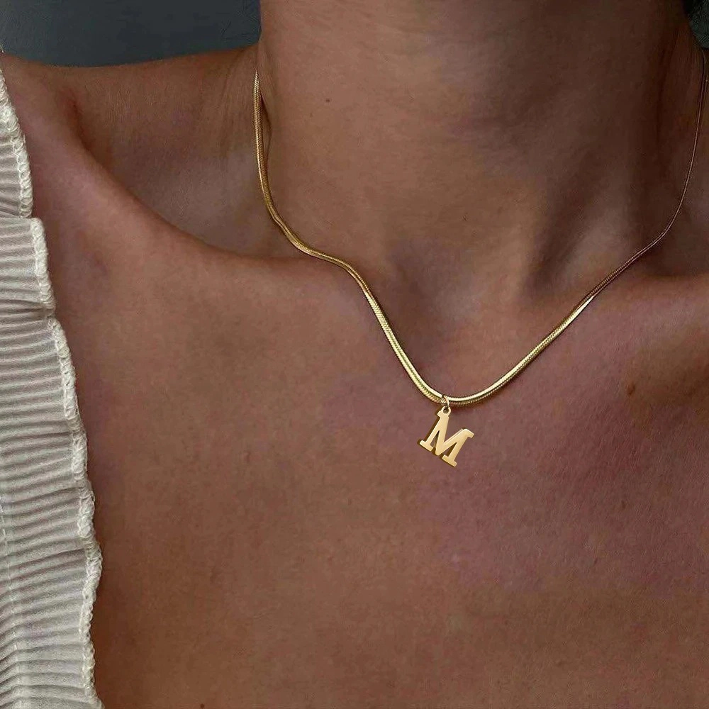 18K Gold Plated Initial Letter Necklace Snake Chain Alphabet Pendant