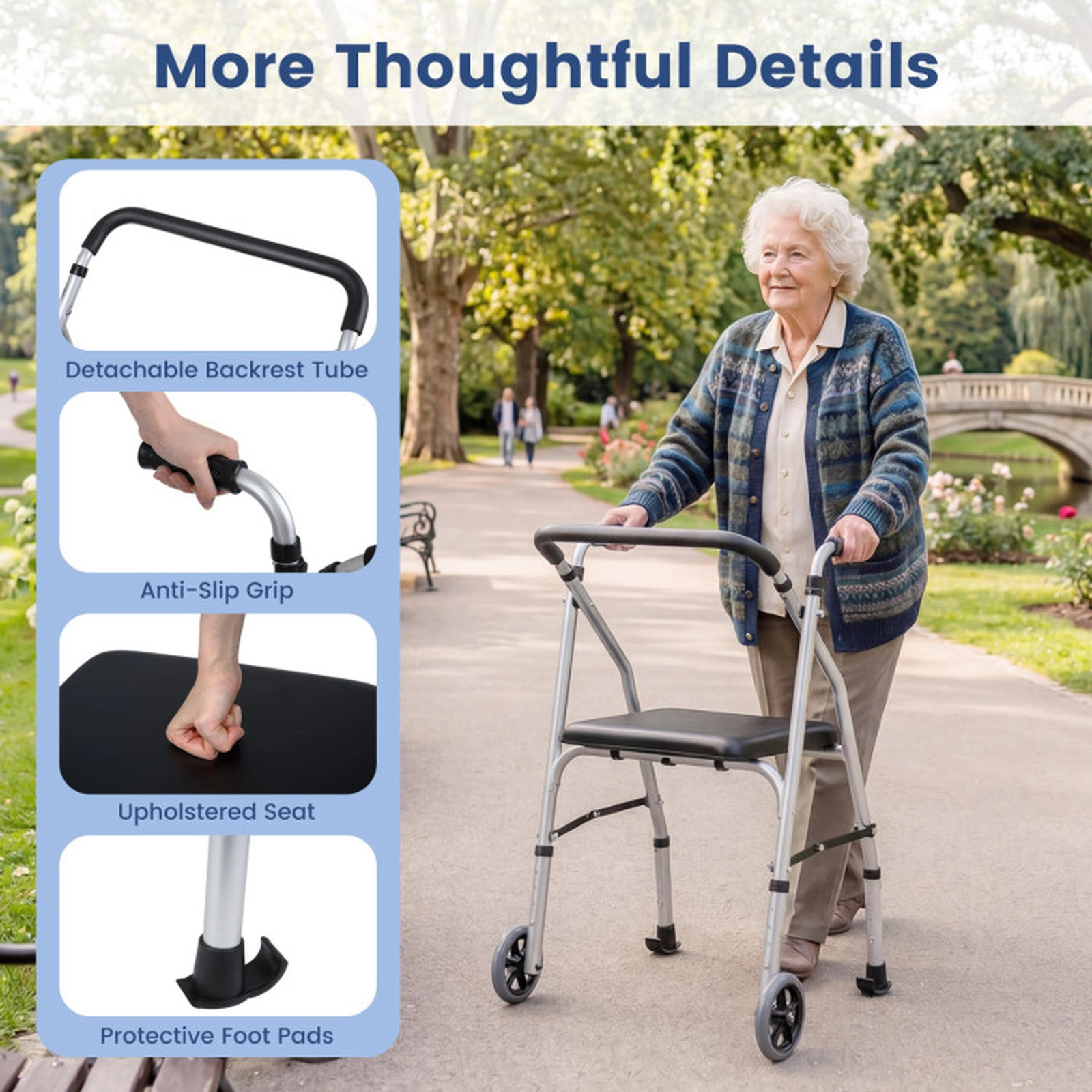 SUGIFT Lightweight Folding Walker Chair with Padded Seat 220-Lb Capacity 5-Level Height Adjustable Black/Silver