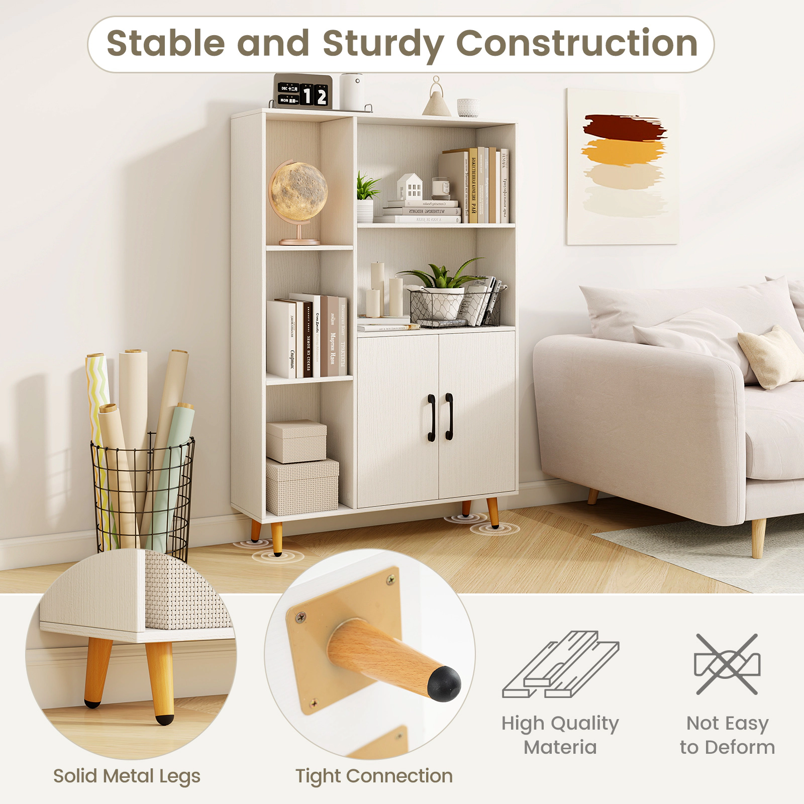 SUGIFT White 47-in Freestanding Bookshelf Pantry Cabinet with 2 Doors 5 Open Shelves and Metal Legs