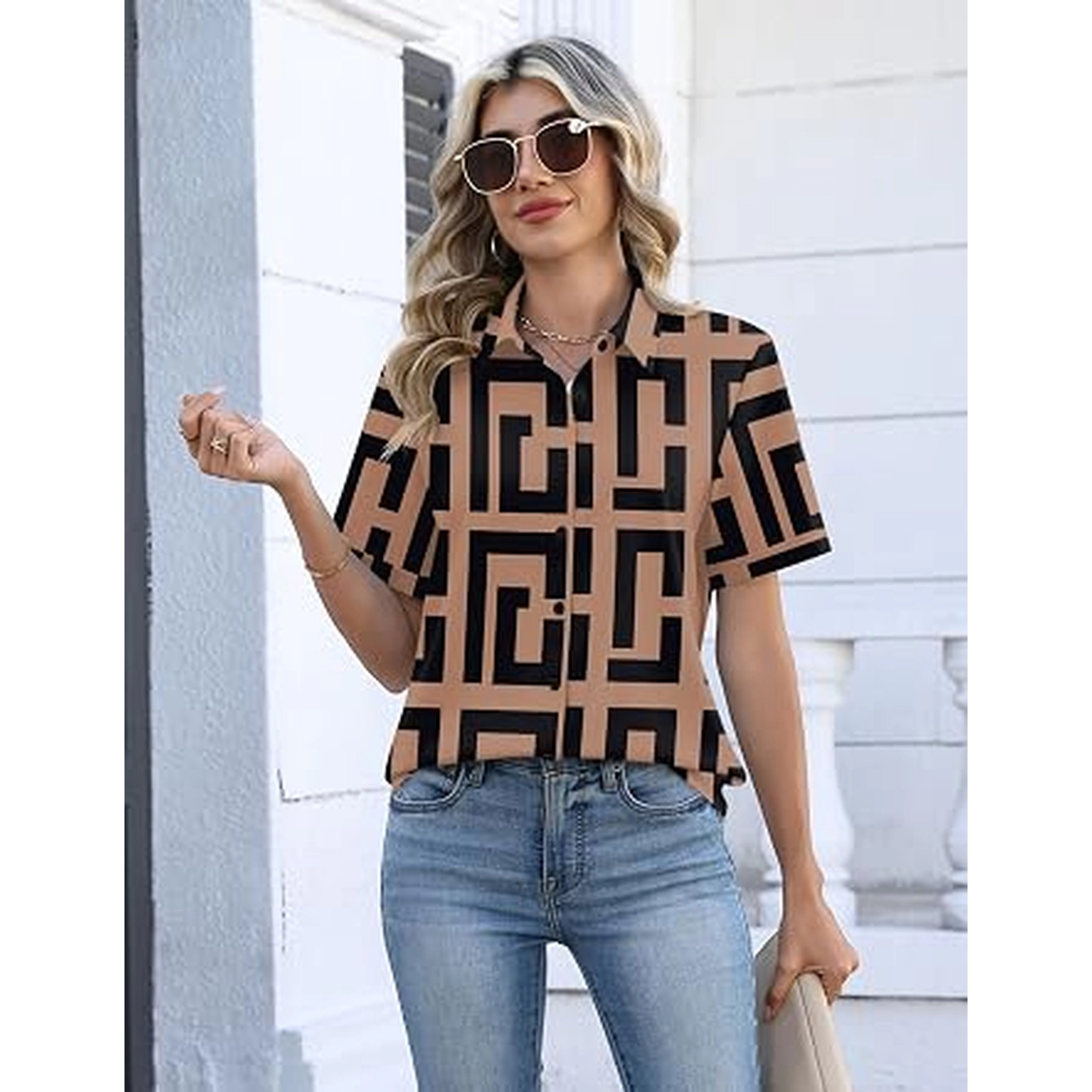 Zeagoo Shirts for Women Trendy Rolled Cuffed Short Sleeve Button Up Blouse Business Casual Tops