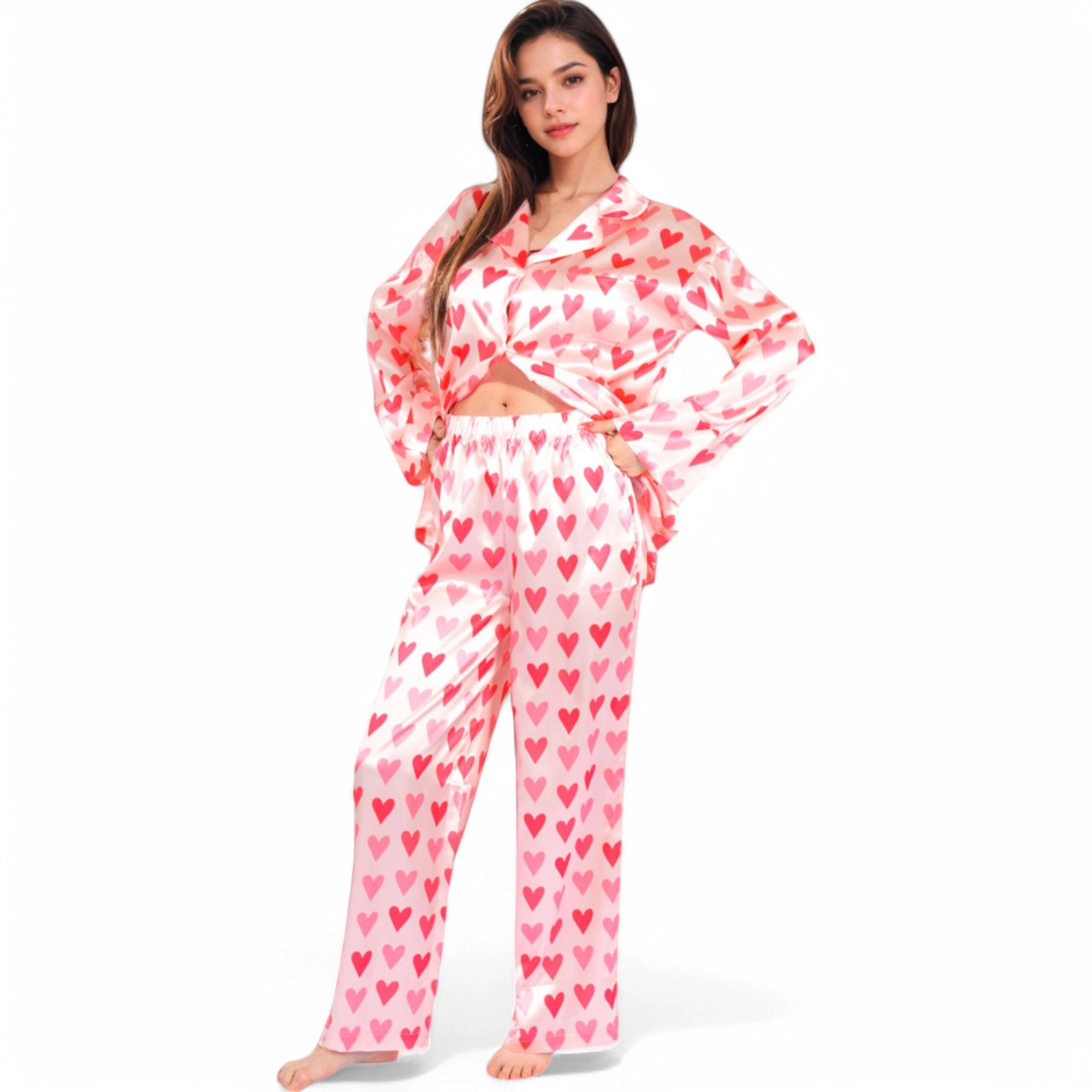 Anna-Kaci Women's Heart Print Valentine Pajama Set with Button Up Long Sleeve Top and Relaxed Fit Pants