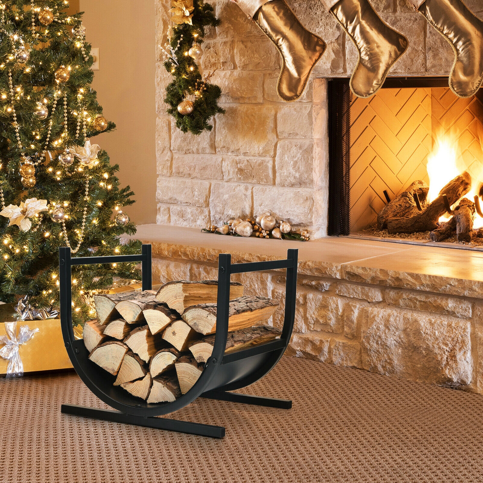 SUGIFT U-Shaped Steel Firewood Rack 66-lb Capacity 17-in Wide with Handles Black 1-Piece