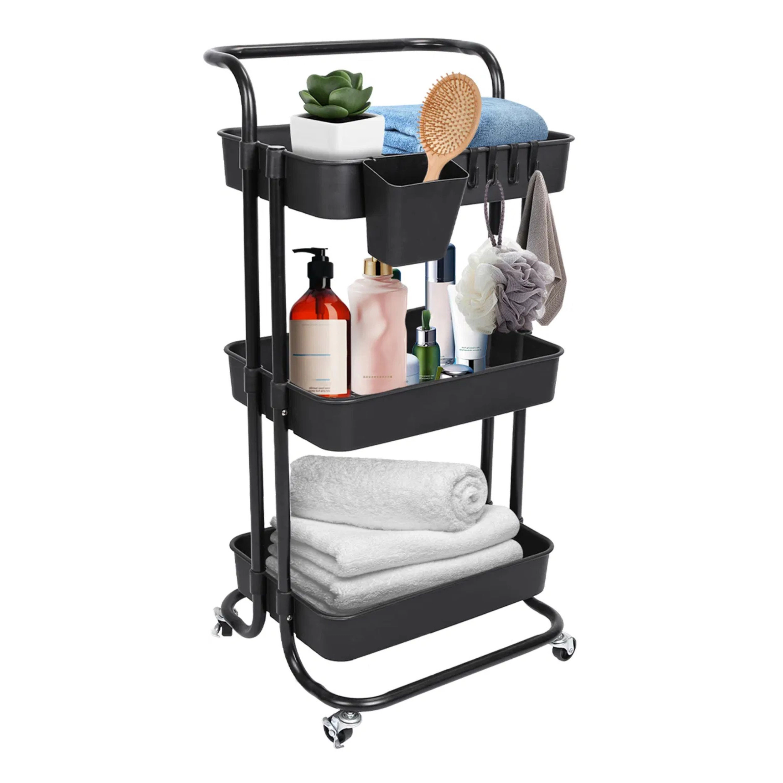 SS Design 3 Tier Rolling Utility Cart With Mesh Baskets Lockable Wheels