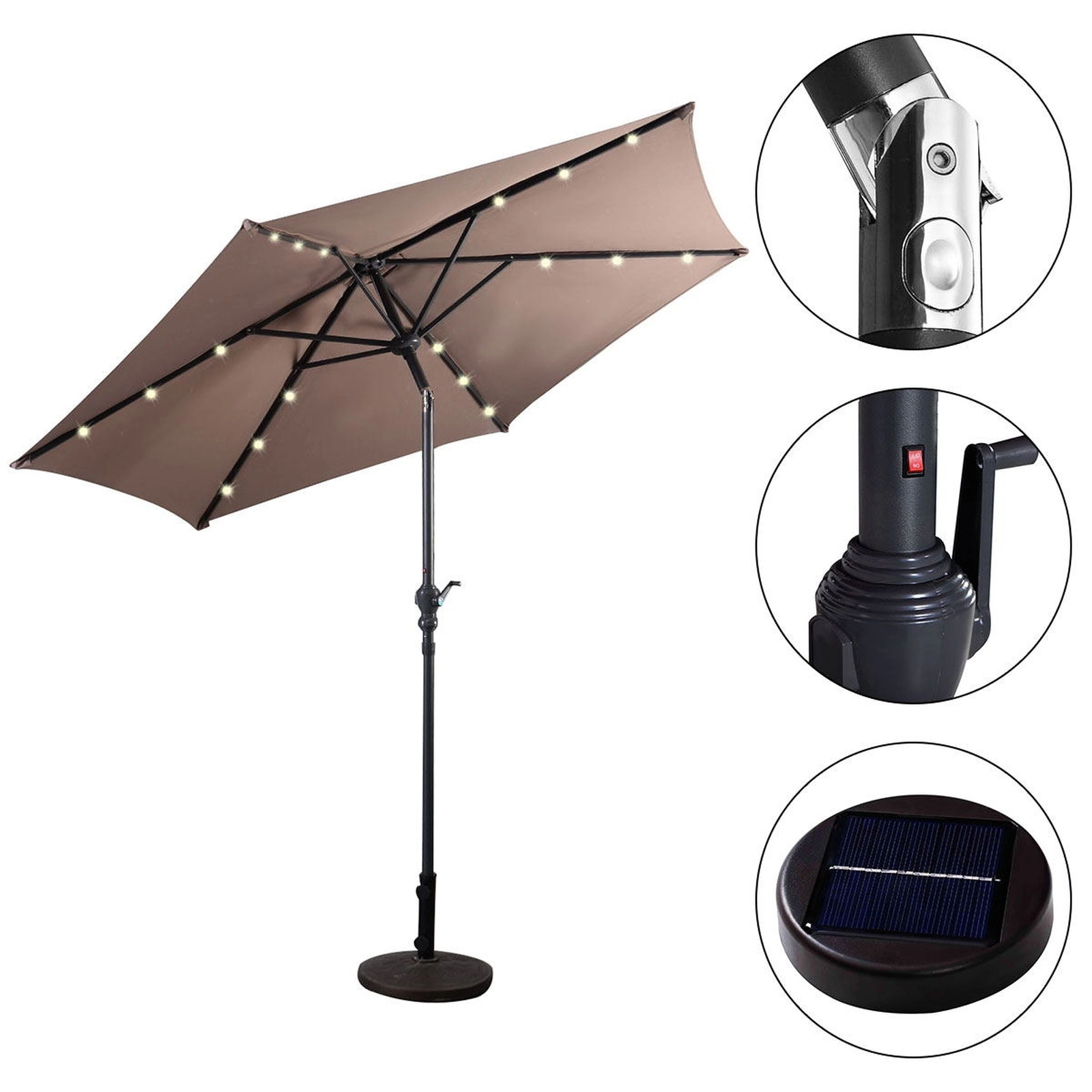 SUGIFT 9-ft Tan Solar LED Market Patio Umbrella with 18 Lights 6 Steel Ribs Push Tilt and Crank Lift