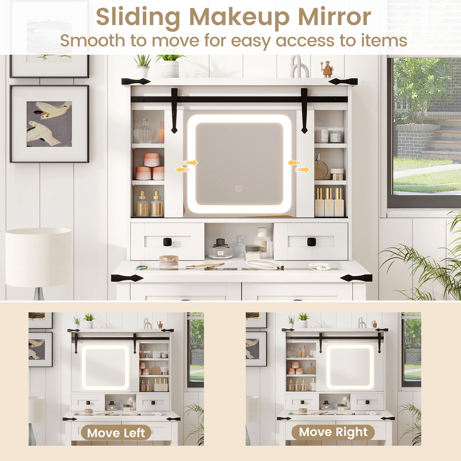 SUGIFT White Sliding Lighted Mirror Adjustable Storage Shelves and Stool Makeup Vanity Desk