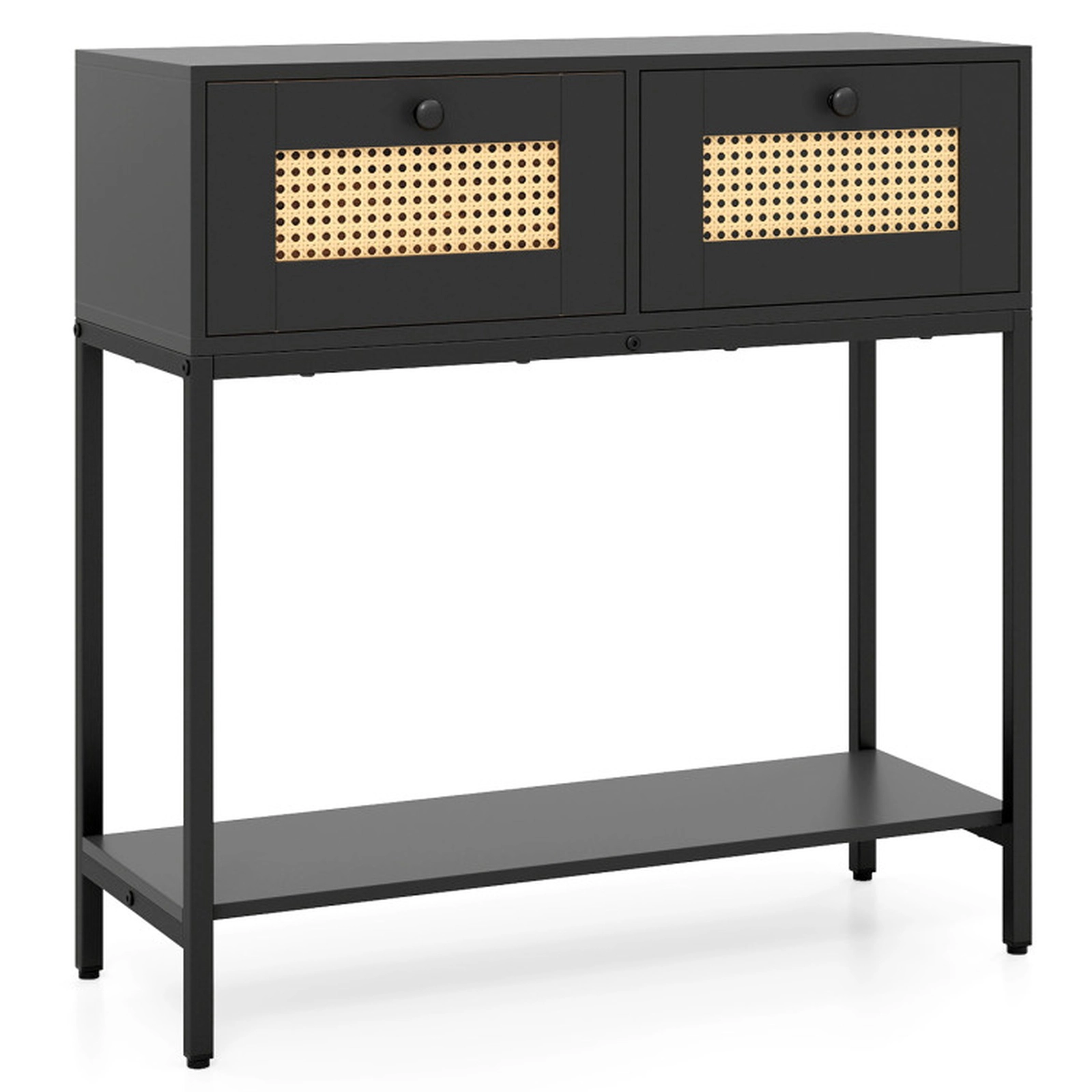 SUGIFT Rattan Console Entryway Table with 2 Drawers and Open Storage Shelf 132-lb Total Capacity 31.5-in Tall Black