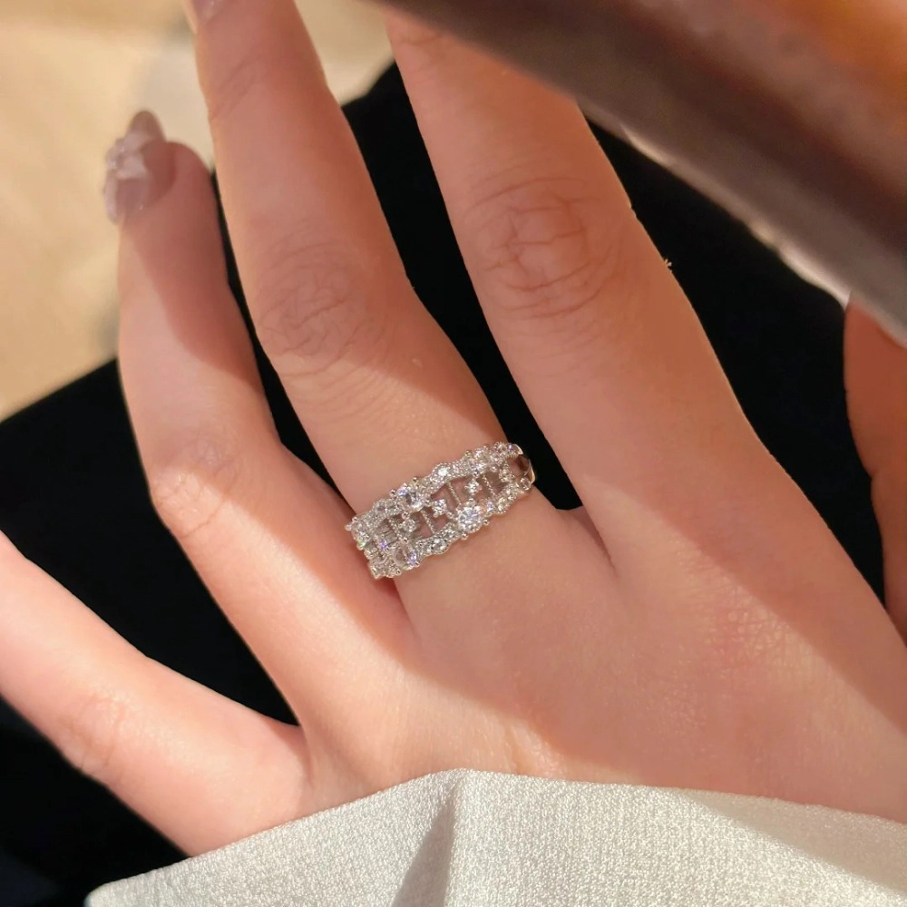 Women’s Adjustable Open Ring Lace-Inspired Hollow Band with Row Inlaid Zircons