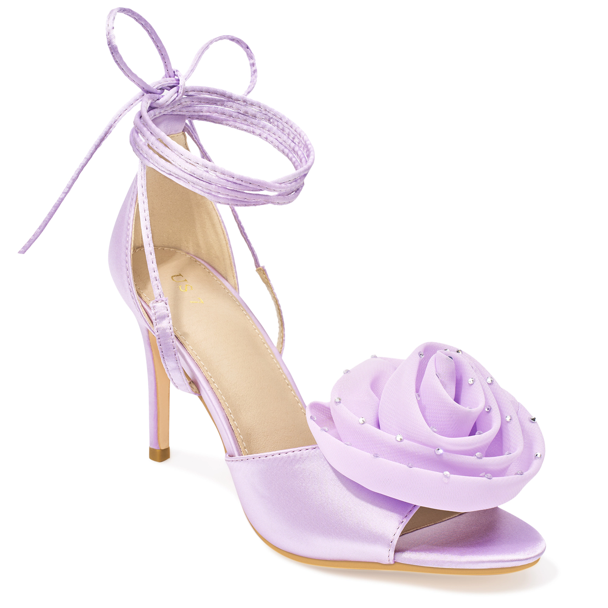 BLISSFUL STEP Women's Rhinestone Flower Open Toe Lace Up Stiletto Heel Sandals