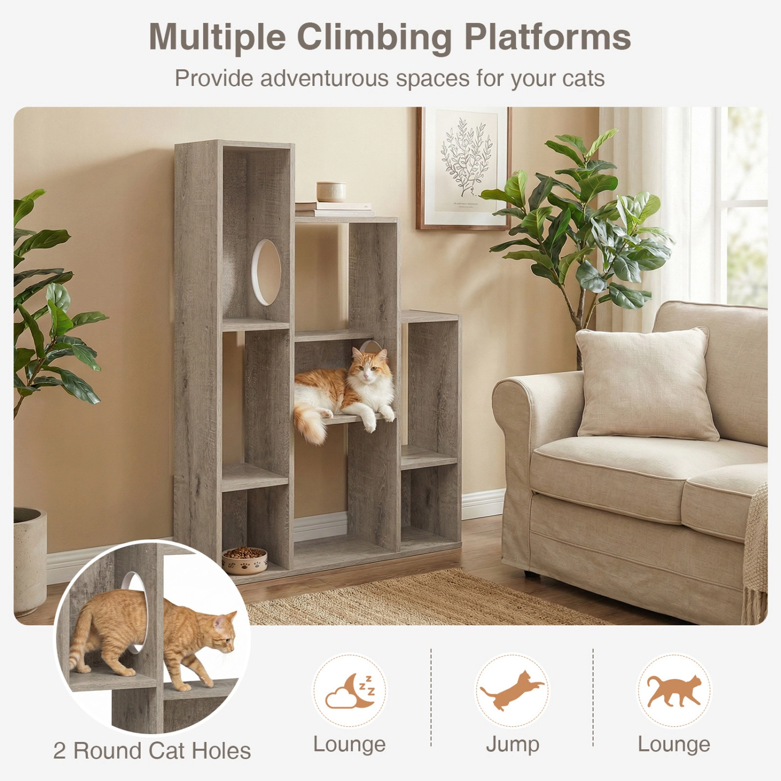 SUGIFT 46-in Gray Oak Modern Cat Tree Bookshelf with 8-Section Cabinet 2 Cat Holes and Wall Anchor