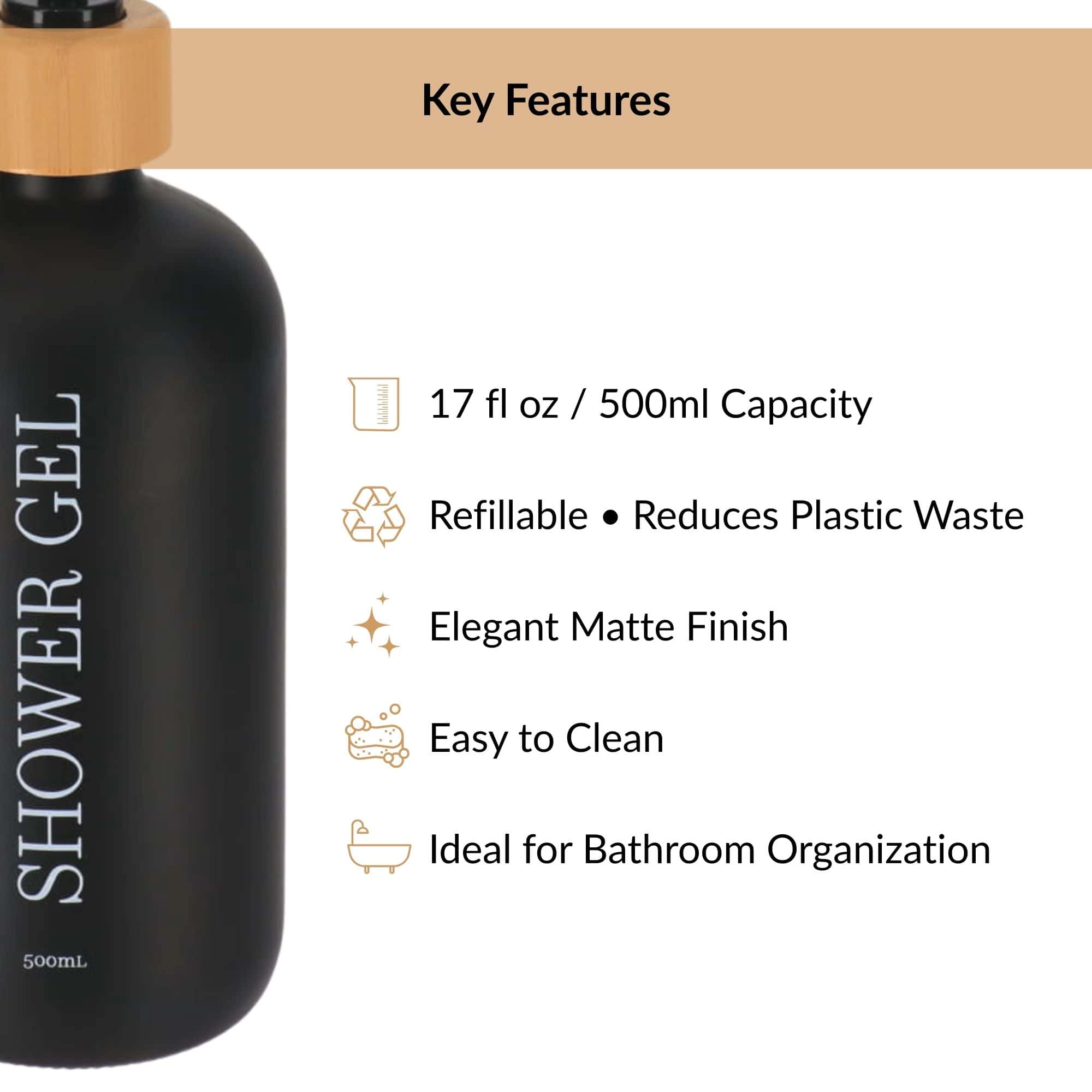 Evideco French Home Goods Matte Glass Refillable Shower Gel Bottle with Bamboo Collar