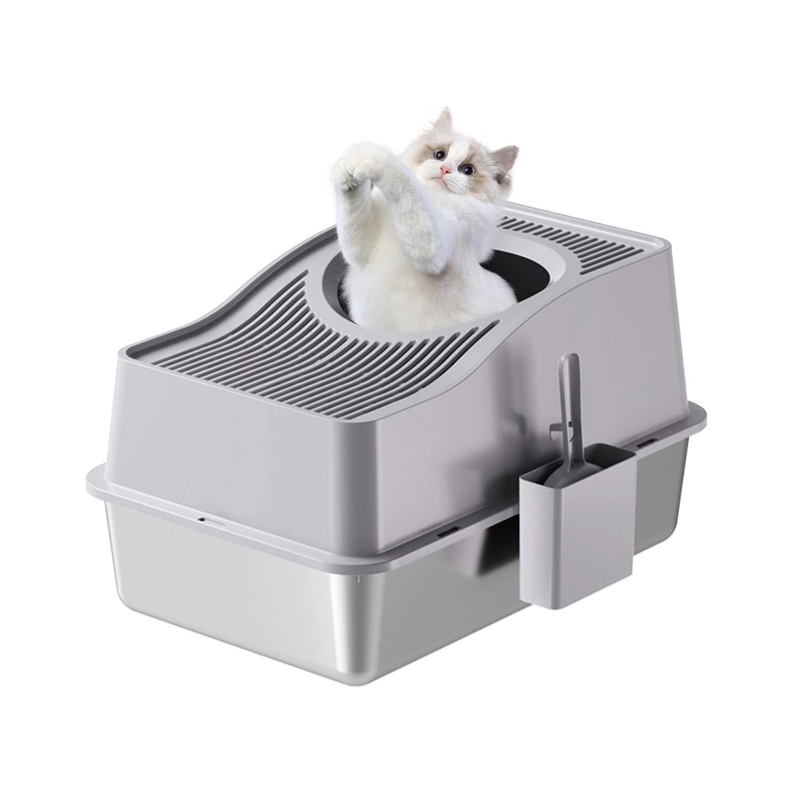 XL Enclosed Stainless-Steel Cat Litter Box, Raised Hollow-Cover Anti-Tracking Toilet 60x40x39.5cm, Gray