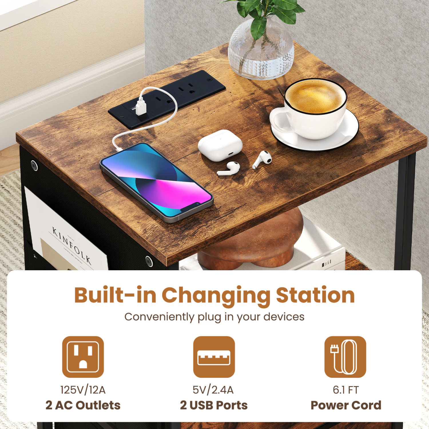 Glintex 2-Piece LED End Table Set with Charging Stations and Fabric Drawers, Rustic Brown