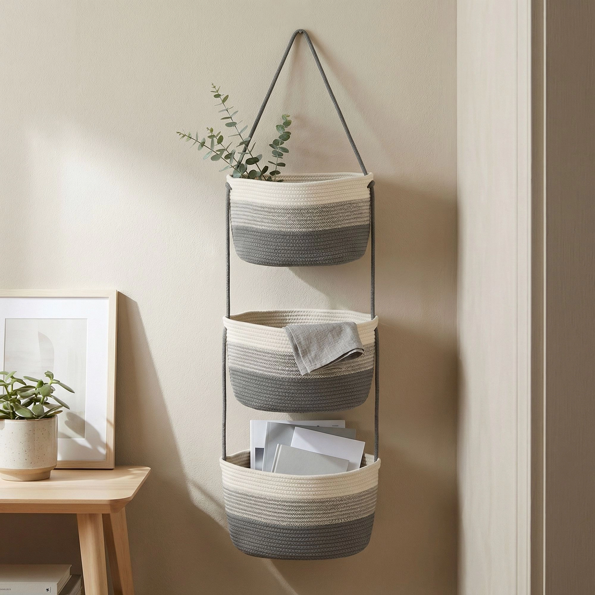 Alilang Unisex 3 Tier Hanging Storage Basket Cotton Rope Wall Organizer Neutral Space Saving