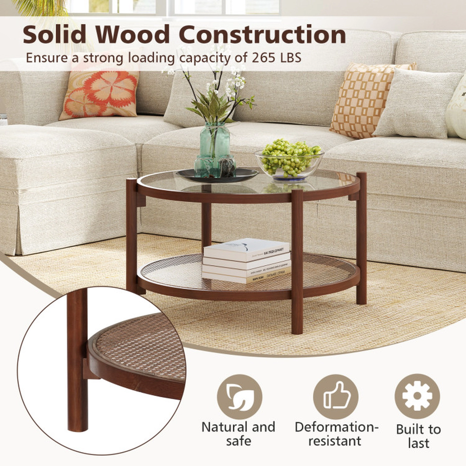 SUGIFT 31-in 2-Tier Round Coffee Table with Tempered Glass Top 265-lb Tabletop Capacity Cherry+Transparent