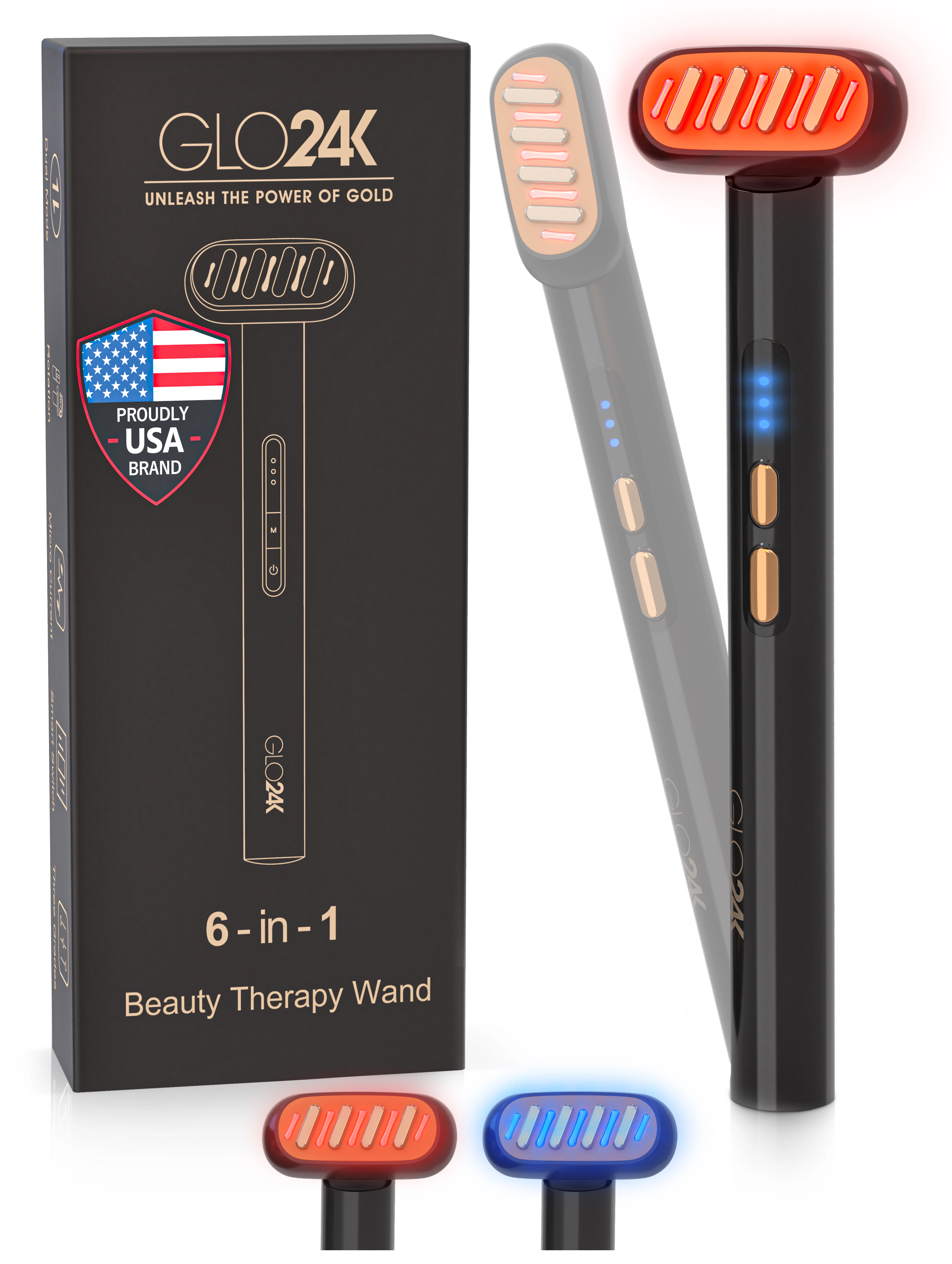 GLO24K 6-IN-1 Beauty Therapy Wand for the Face, Eyes & Neck