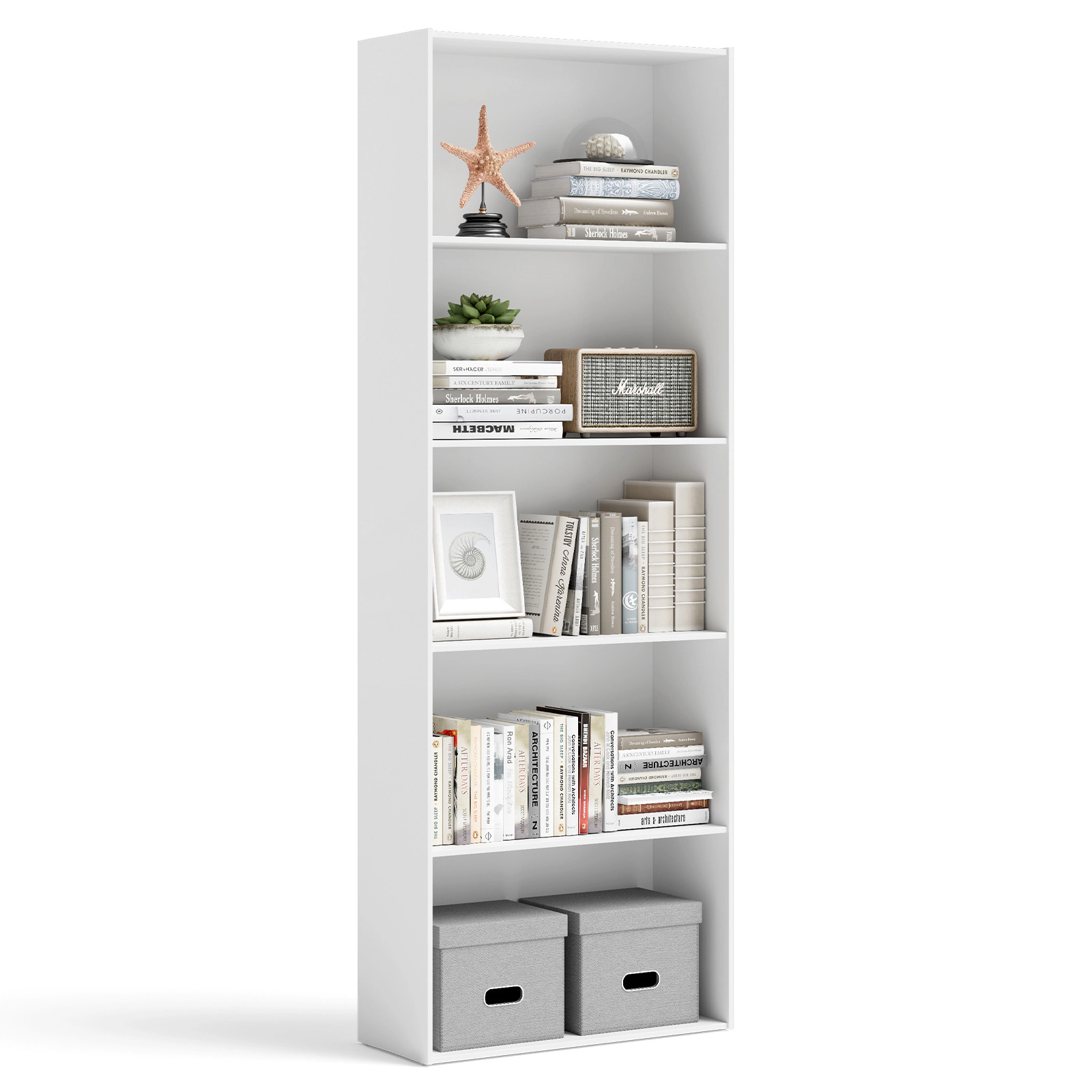SUGIFT 5-Shelf Modern Engineered Wood Storage Bookcase 24 x 9.5 x 67-in Display Cabinet 45-lb Tier Capacity White