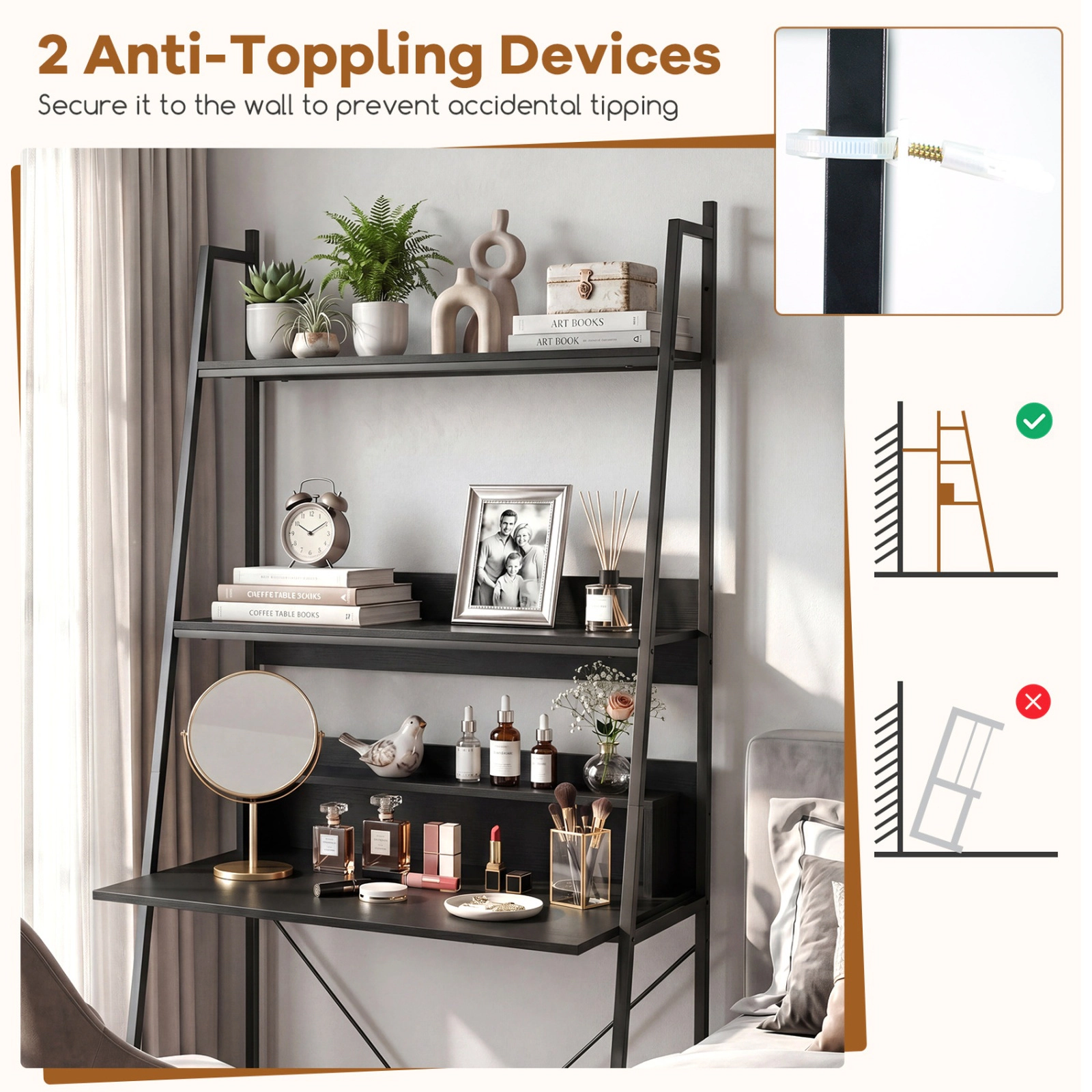 SUGIFT Two Open Shelves Anti-Tip Kit Metal Frame Industrial Ladder Desk 34-in x 20-in x 71-in 180-lb Capacity Black