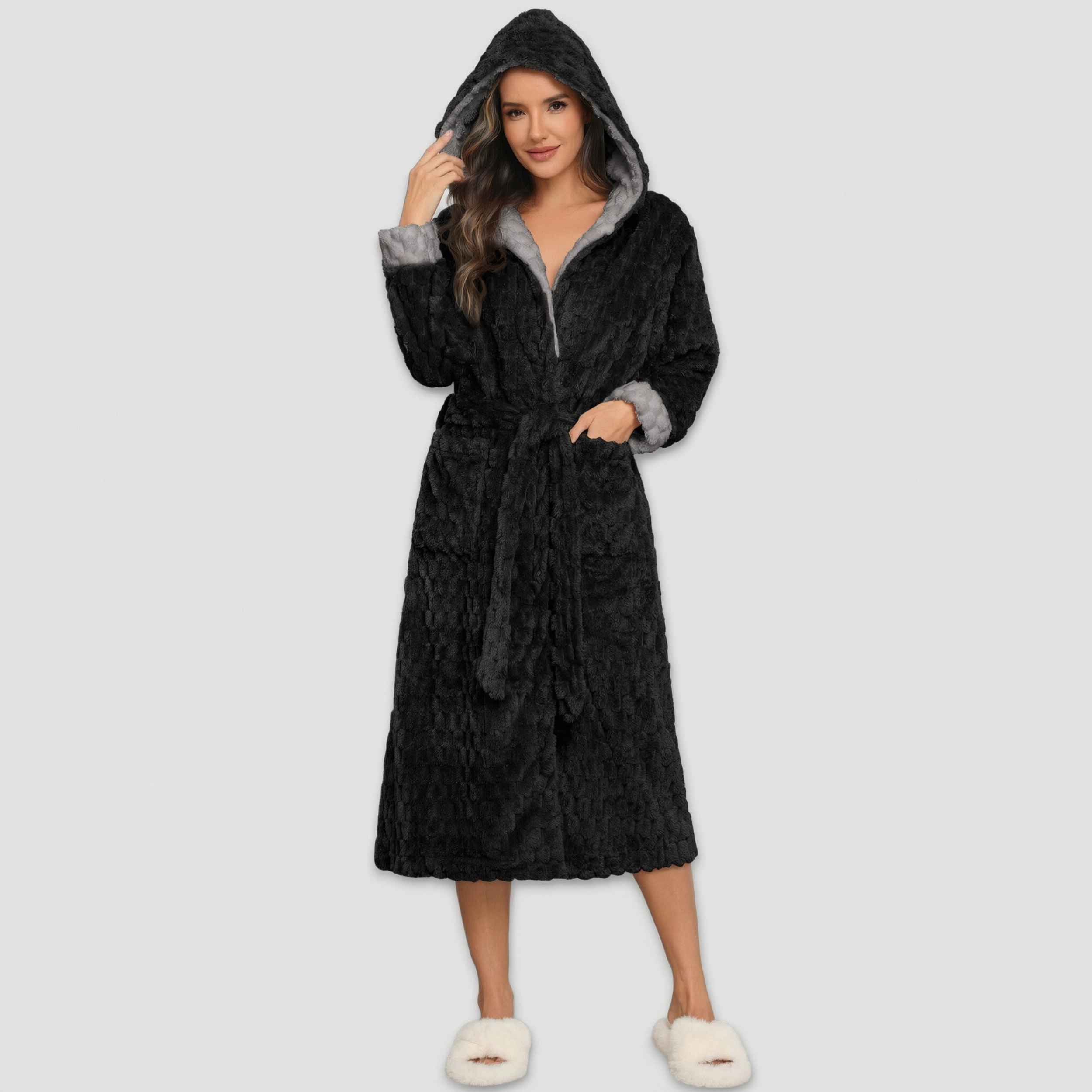 Ekouaer Plush Robe Womens Long Sleep Jacquard Fluffy Bathrobe Lapel Fleece Lounge Robes