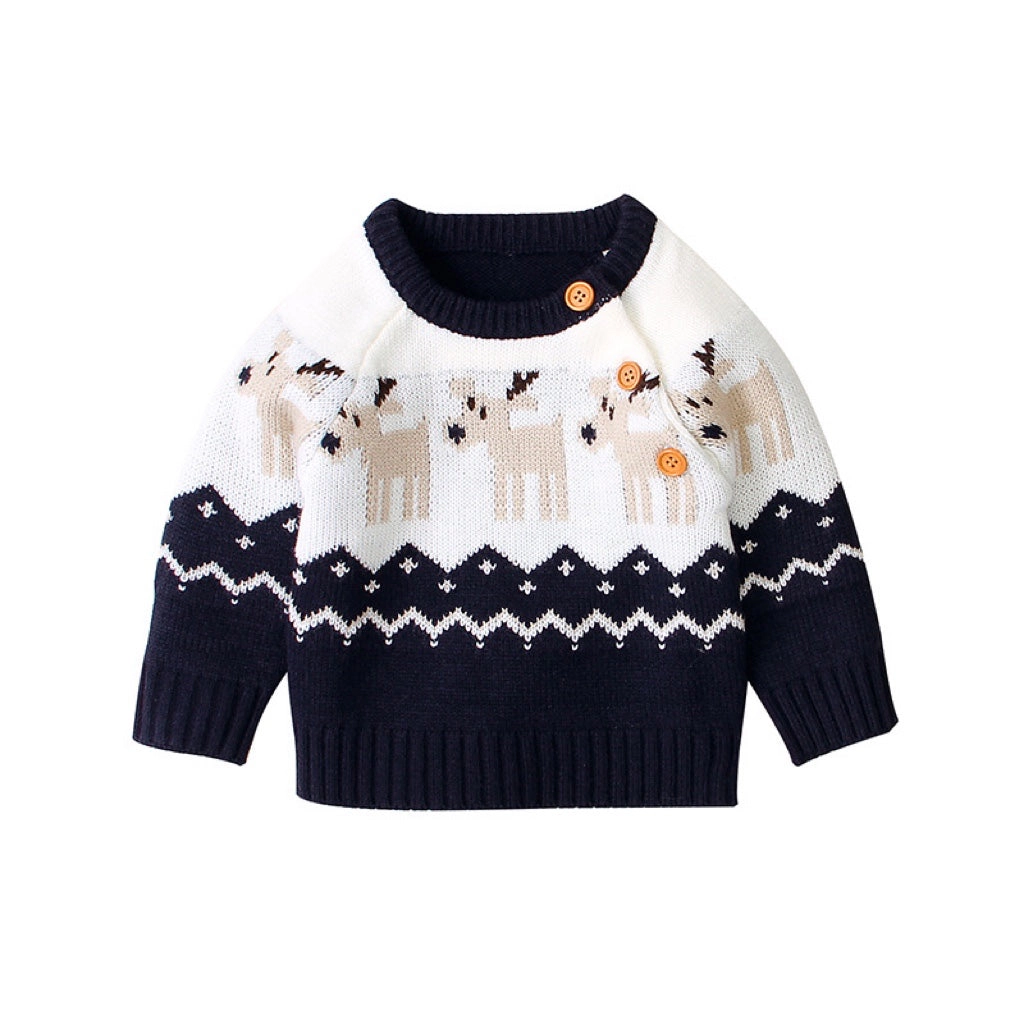 MyKids-USA Baby Cartoon Christmas Deer Pattern Shoulder Button Design Knitted Pullover Sweater